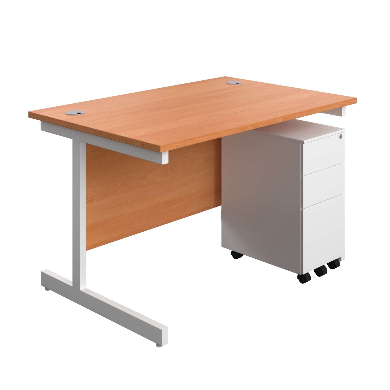 Single Upright Rectangular Desk + Slimline Steel Pedestal 3 Drawers (FSC) | 1200 X 800 | Beech/White
