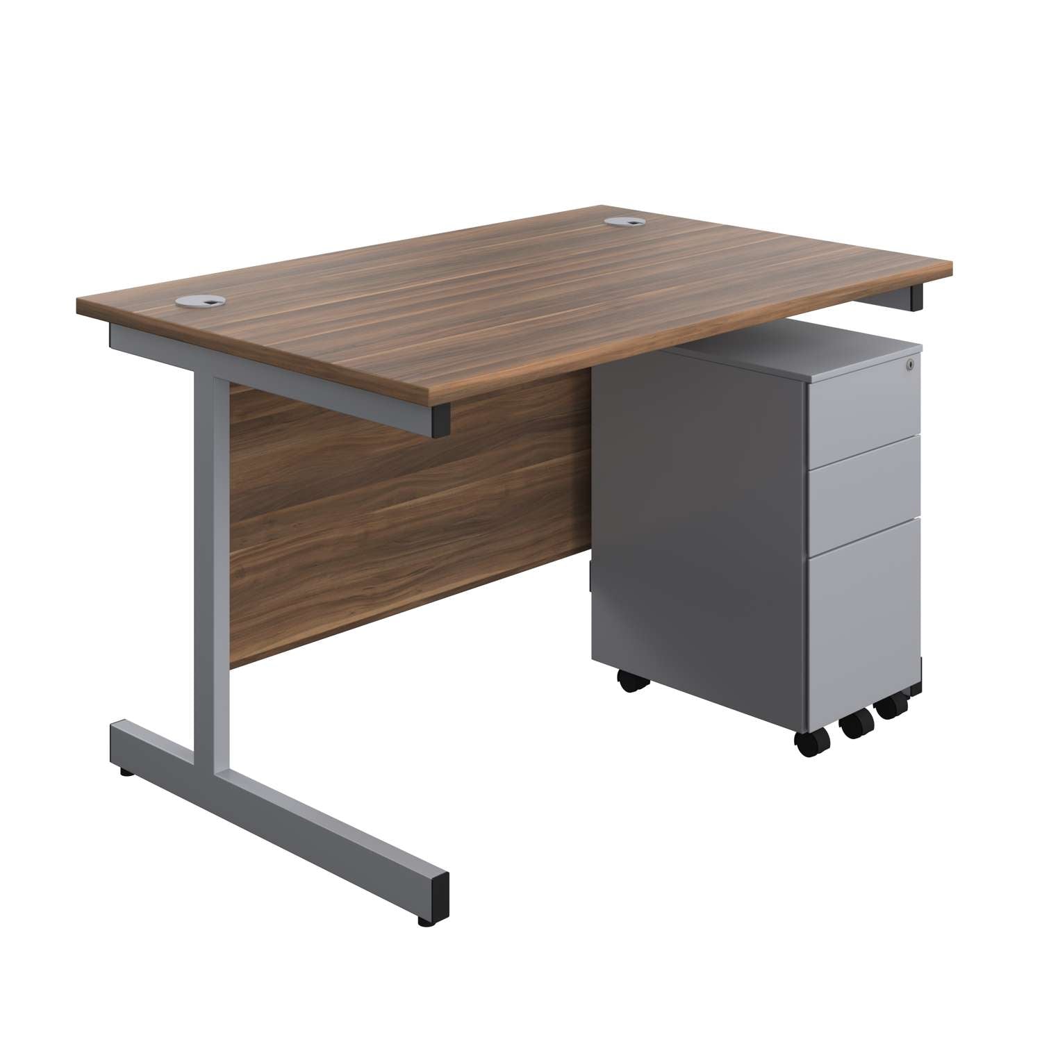 Single Upright Rectangular Desk + Slimline Steel Pedestal 3 Drawers (FSC) | 1200 X 800 | Dark Walnut/Silver