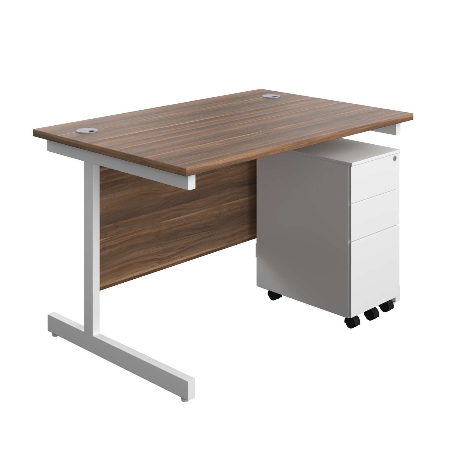 Single Upright Rectangular Desk + Slimline Steel Pedestal 3 Drawers (FSC) | 1200 X 800 | Dark Walnut/White