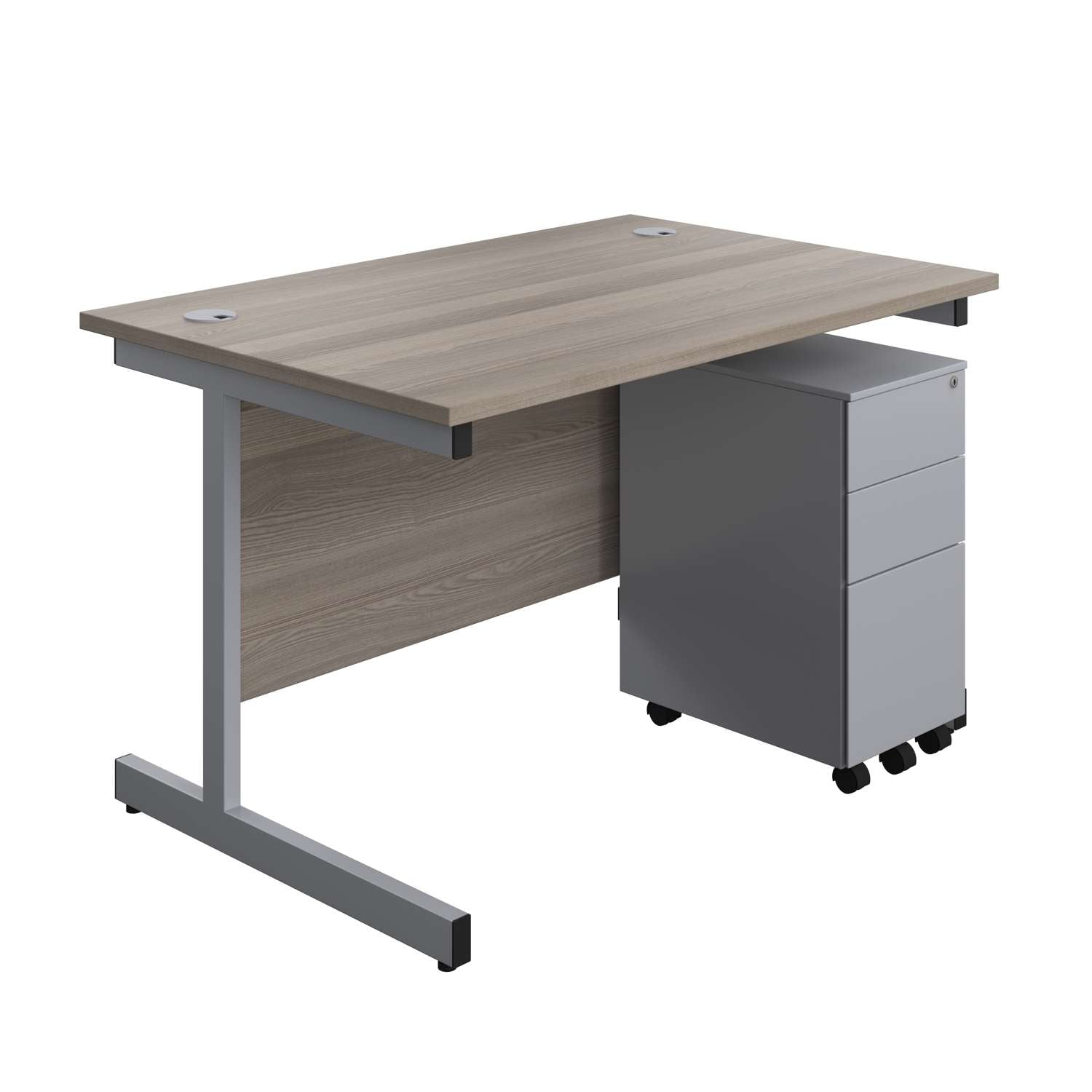 Single Upright Rectangular Desk + Slimline Steel Pedestal 3 Drawers (FSC) | 1200 X 800 | Grey Oak/Silver