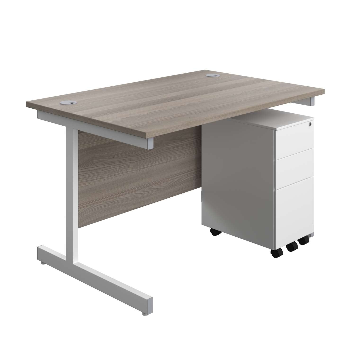 Single Upright Rectangular Desk + Slimline Steel Pedestal 3 Drawers (FSC) | 1200 X 800 | Grey Oak/White