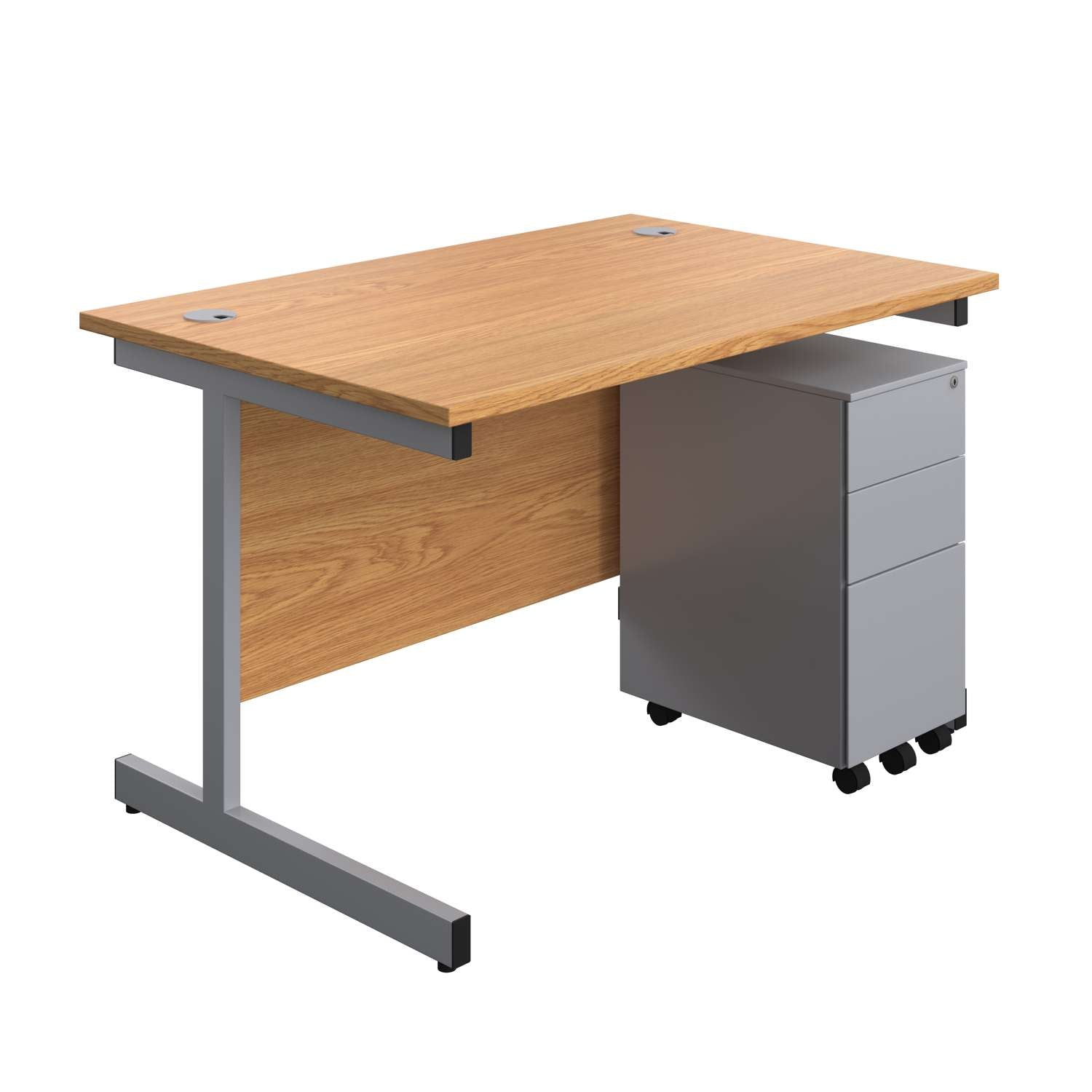 Single Upright Rectangular Desk + Slimline Steel Pedestal 3 Drawers (FSC) | 1200 X 800 | Nova Oak/Silver