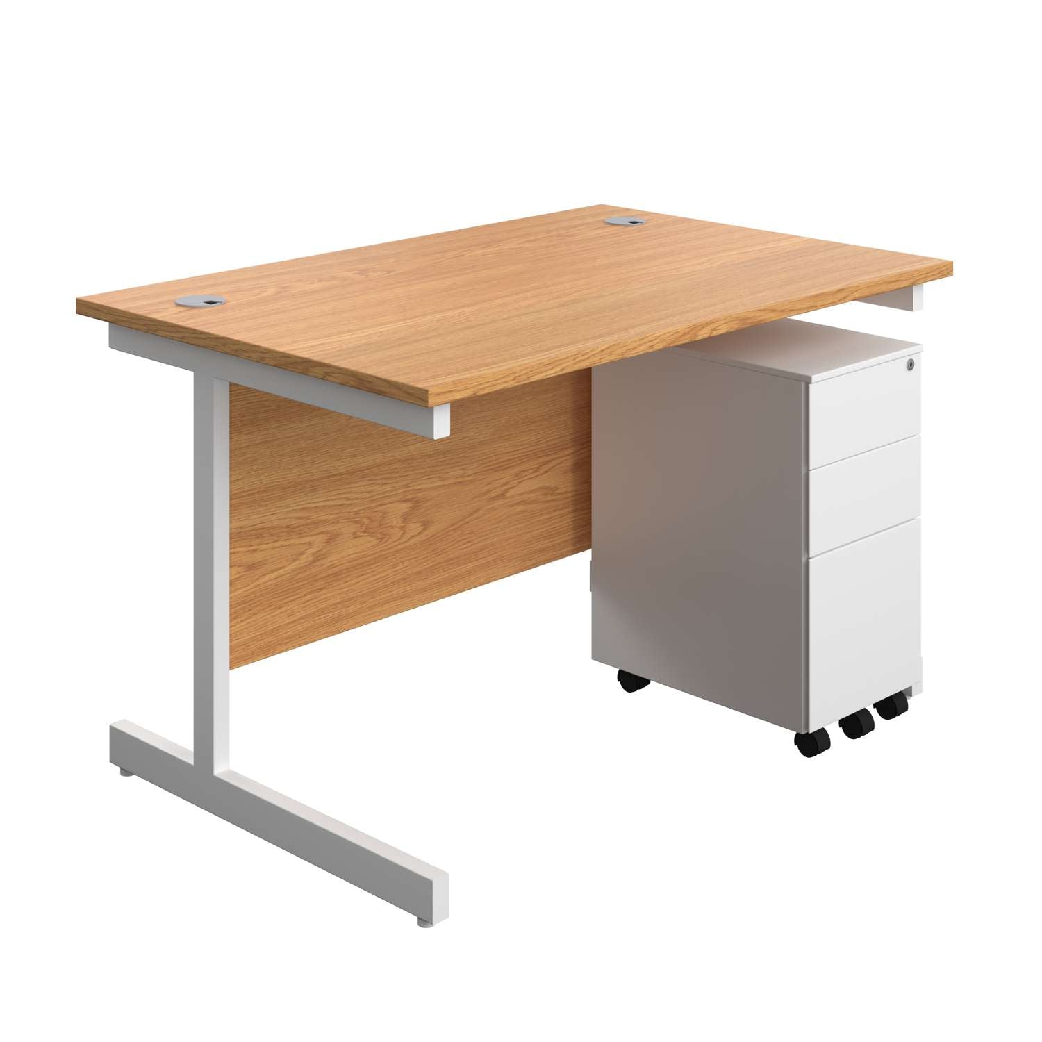 Single Upright Rectangular Desk + Slimline Steel Pedestal 3 Drawers (FSC) | 1200 X 800 | Nova Oak/White