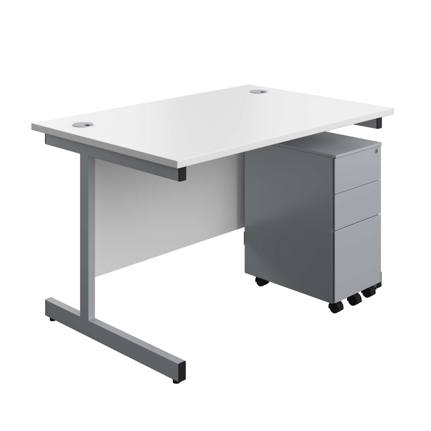 Single Upright Rectangular Desk + Slimline Steel Pedestal 3 Drawers (FSC) | 1200 X 800 | White/Silver