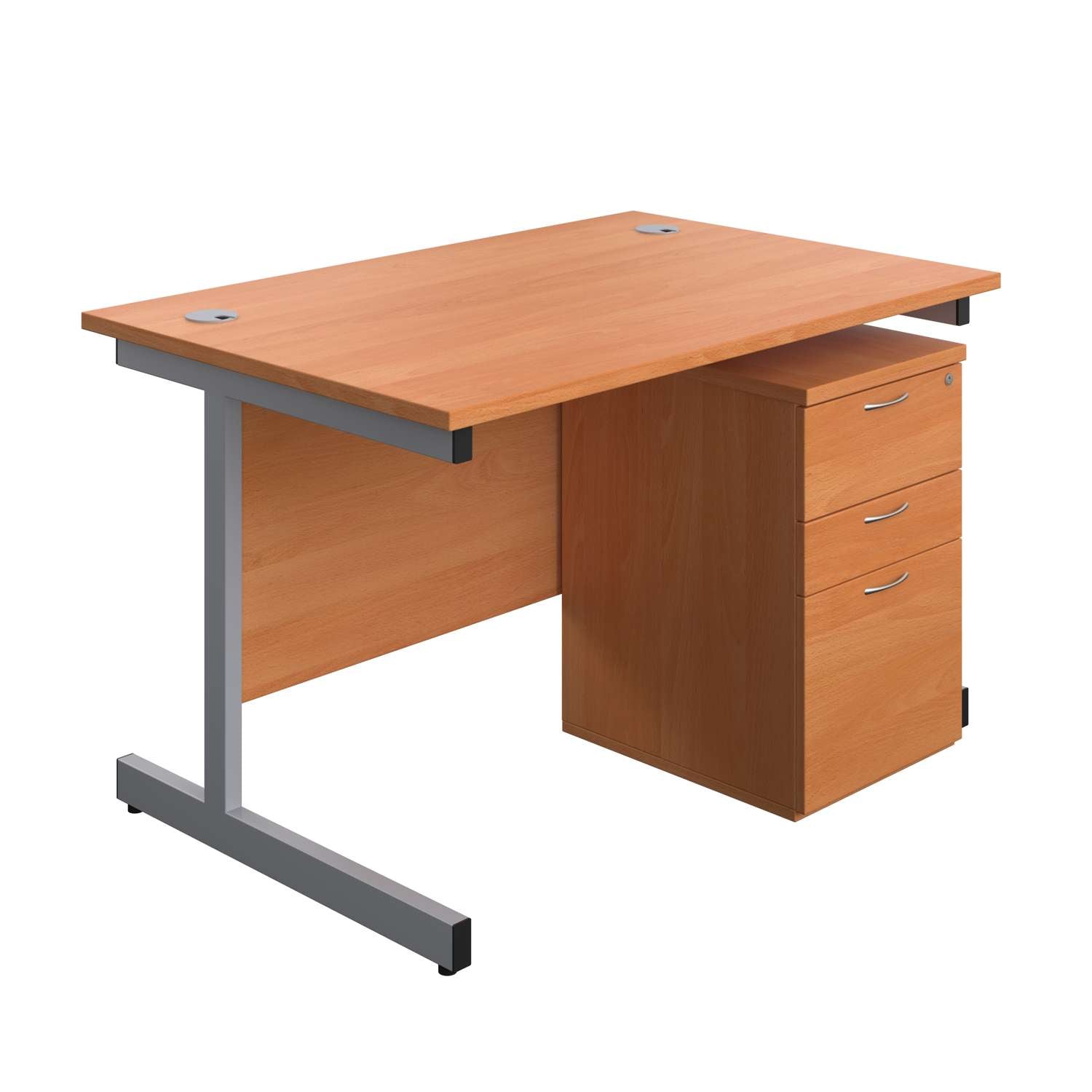 Single Upright Rectangular Desk + High Mobile Pedestal 3 Drawer (FSC) | 1200 X 800 | Beech/Silver