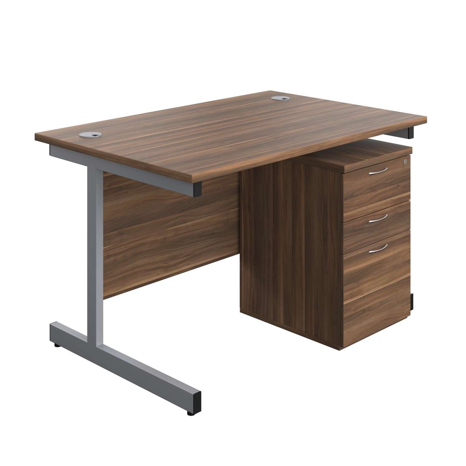 Single Upright Rectangular Desk + High Mobile Pedestal 3 Drawer (FSC) | 1200 X 800 | Dark Walnut/Silver