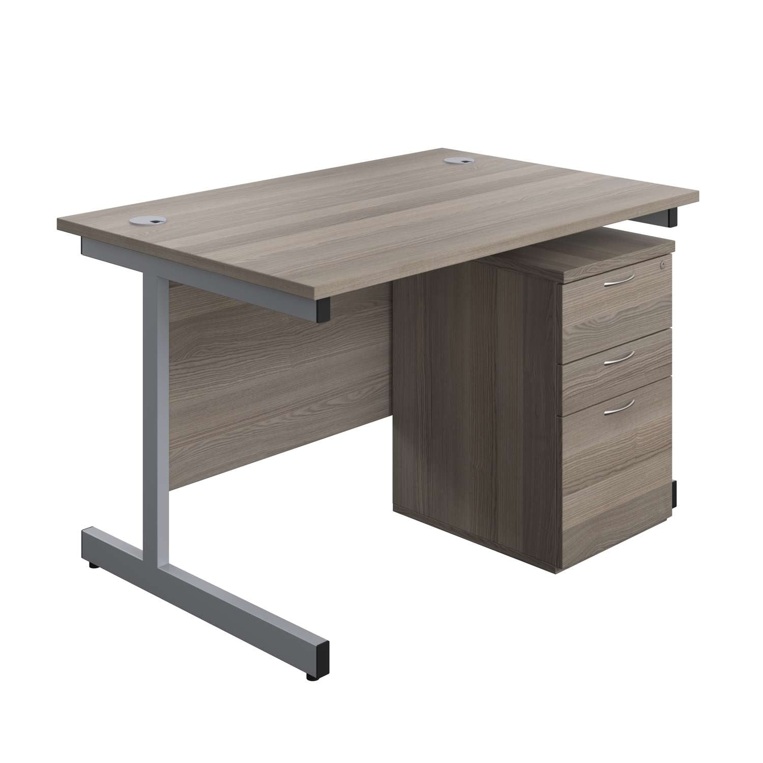 Single Upright Rectangular Desk + High Mobile Pedestal 3 Drawer (FSC) | 1200 X 800 | Grey Oak/Silver