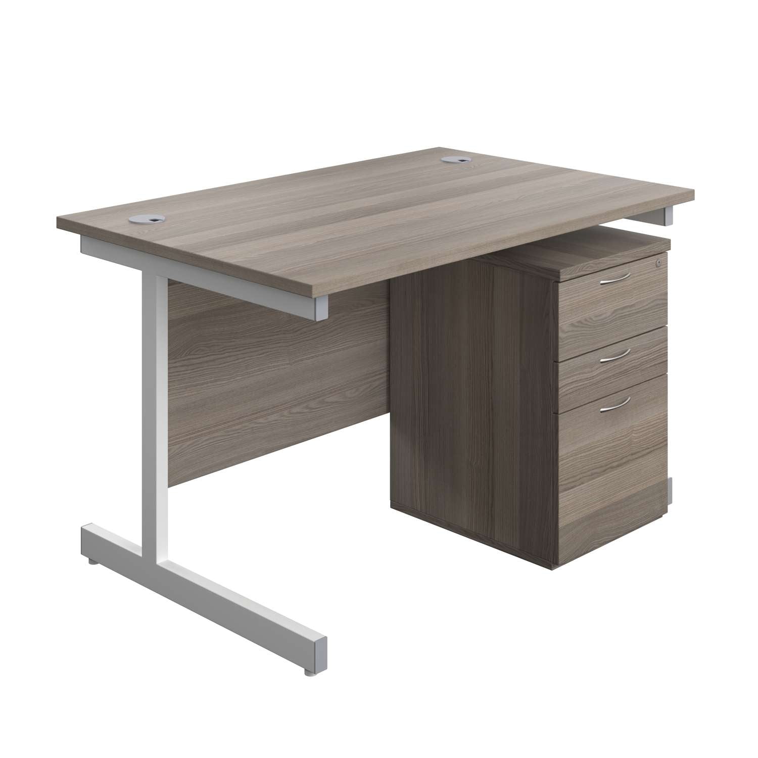 Single Upright Rectangular Desk + High Mobile Pedestal 3 Drawer (FSC) | 1200 X 800 | Grey Oak/White