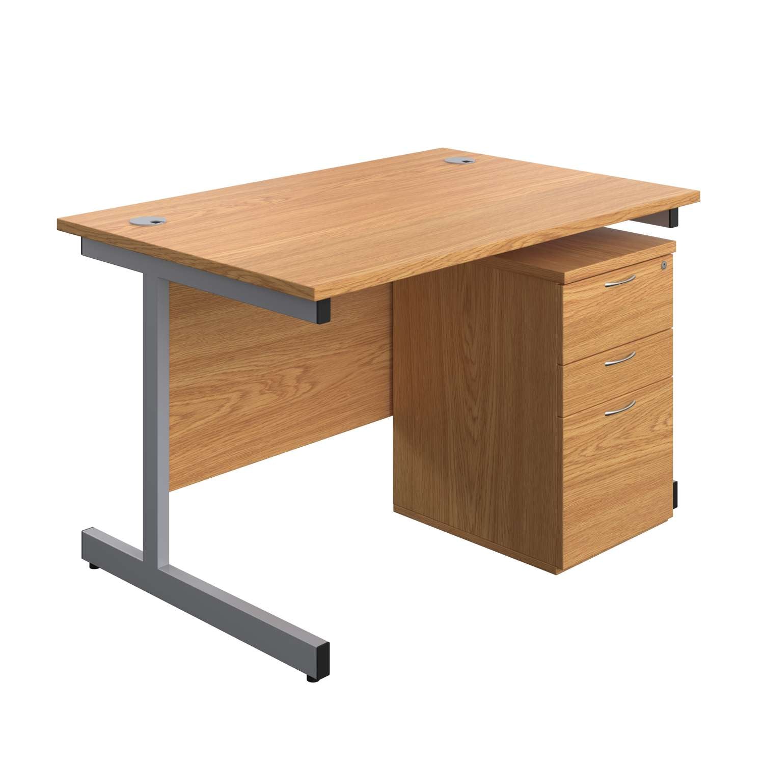 Single Upright Rectangular Desk + High Mobile Pedestal 3 Drawer (FSC) | 1200 X 800 | Nova Oak/Silver