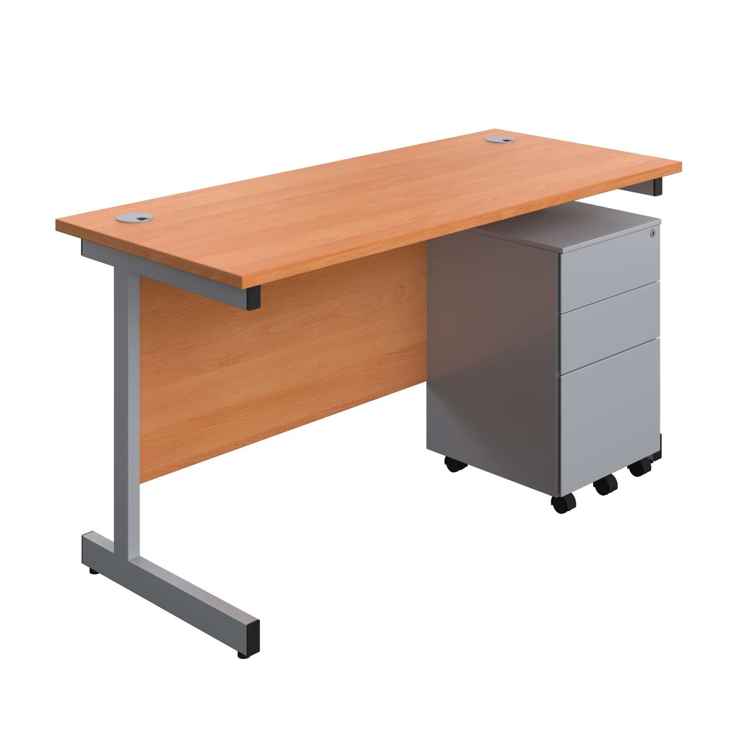 Single Upright Rectangular Desk + Under Desk Steel Pedestal 3 Drawers (FSC) | 1400 X 600 | Beech/Silver