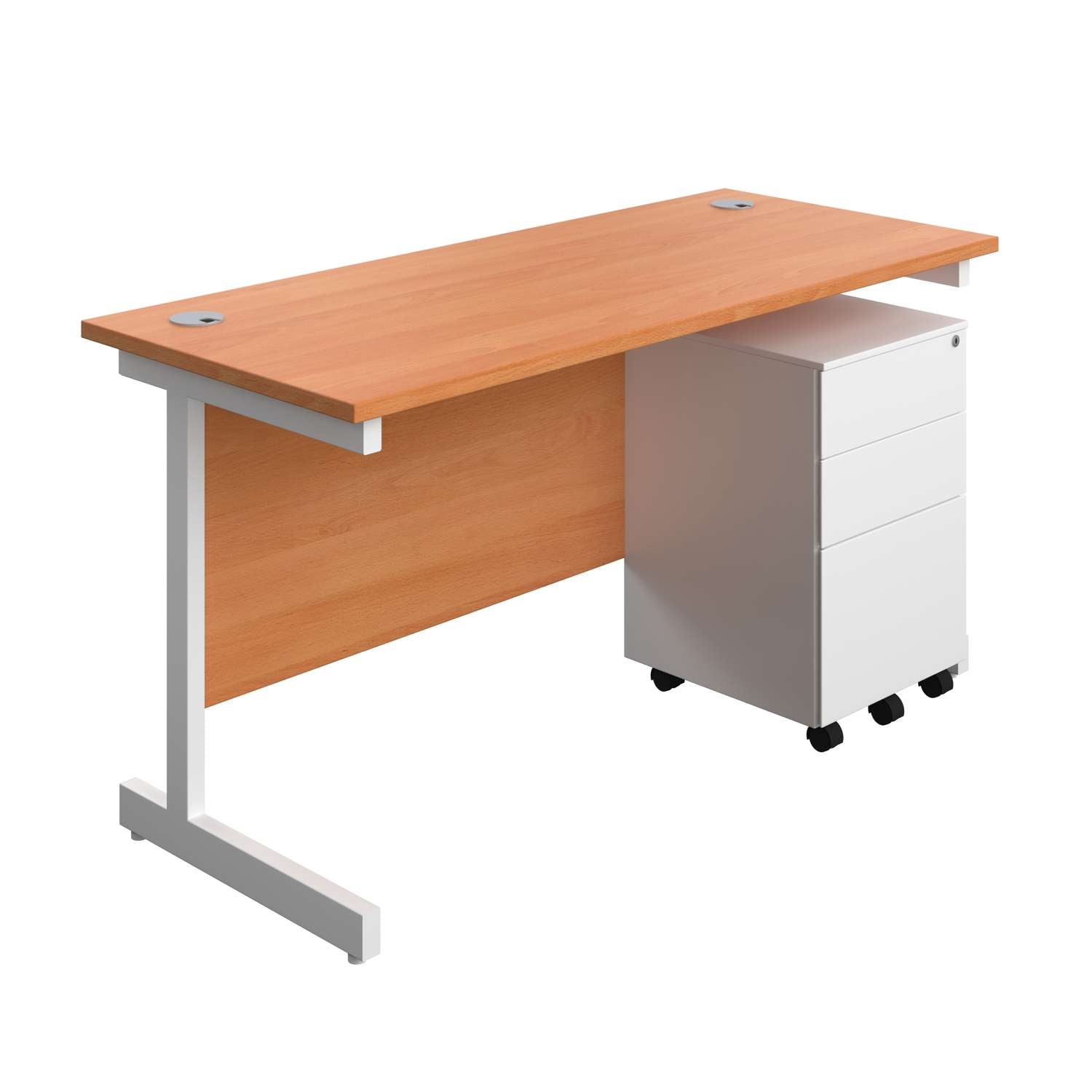 Single Upright Rectangular Desk + Under Desk Steel Pedestal 3 Drawers (FSC) | 1400 X 600 | Beech/White