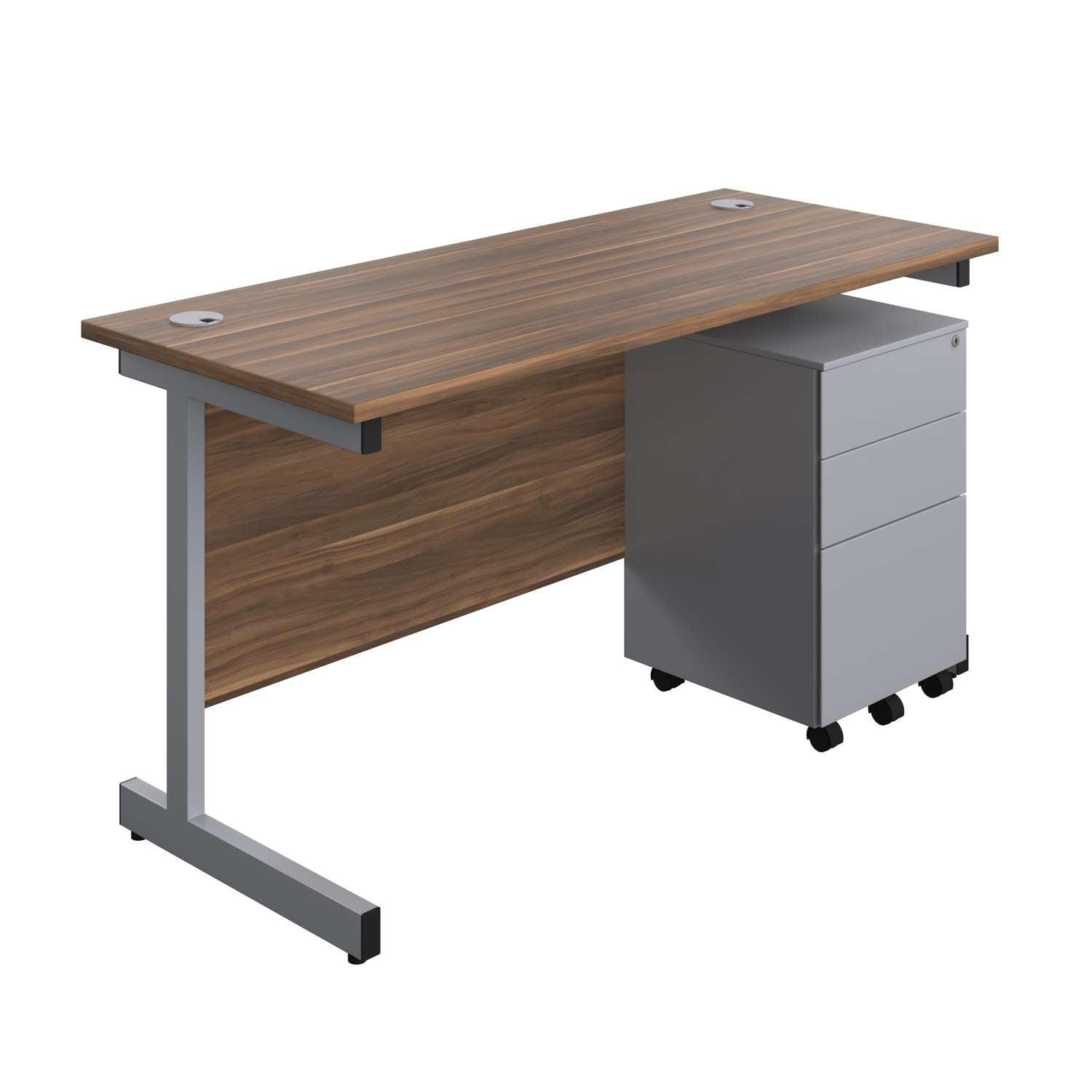 Single Upright Rectangular Desk + Under Desk Steel Pedestal 3 Drawers (FSC) | 1400 X 600 | Dark Walnut/Silver