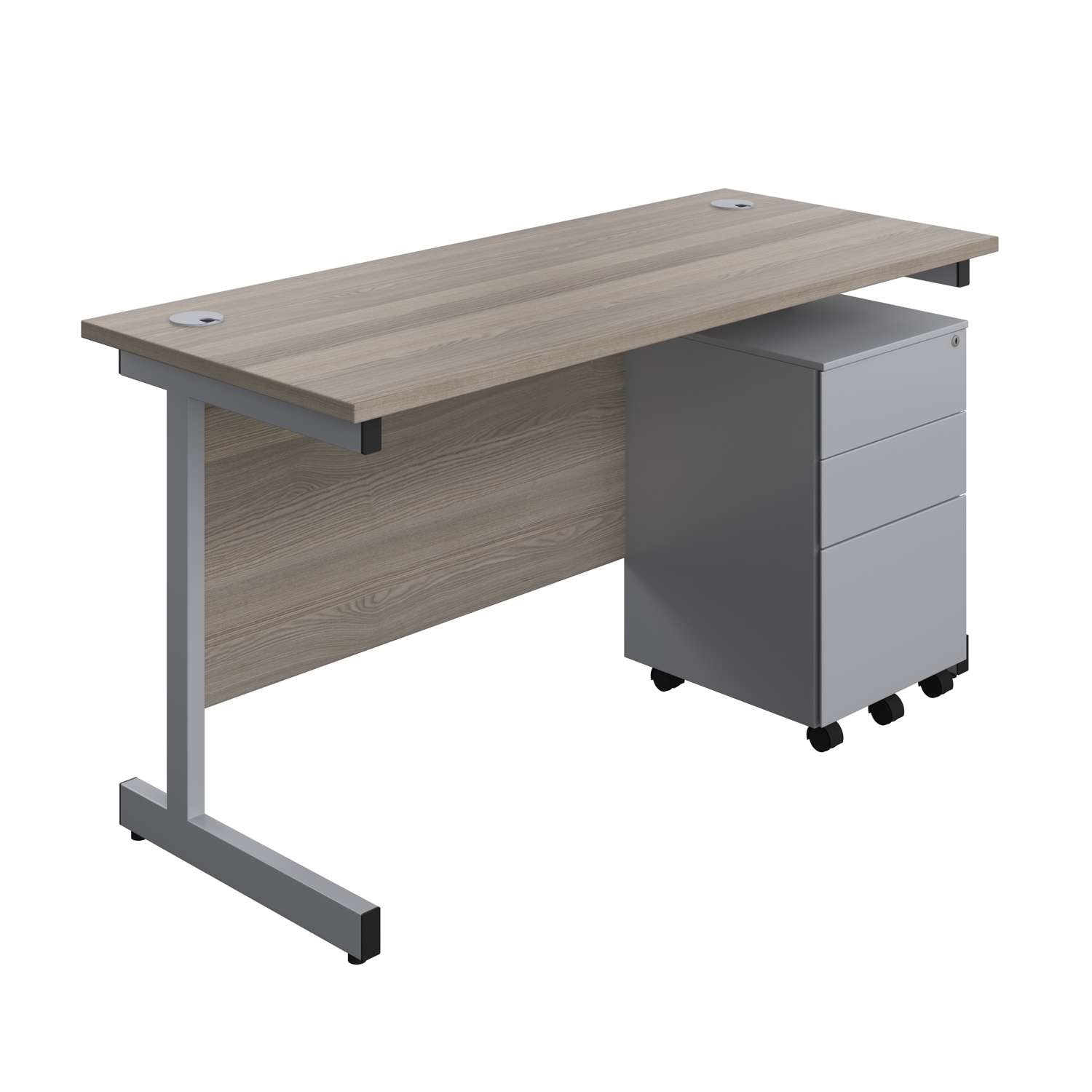 Single Upright Rectangular Desk + Under Desk Steel Pedestal 3 Drawers (FSC) | 1400 X 600 | Grey Oak/Silver