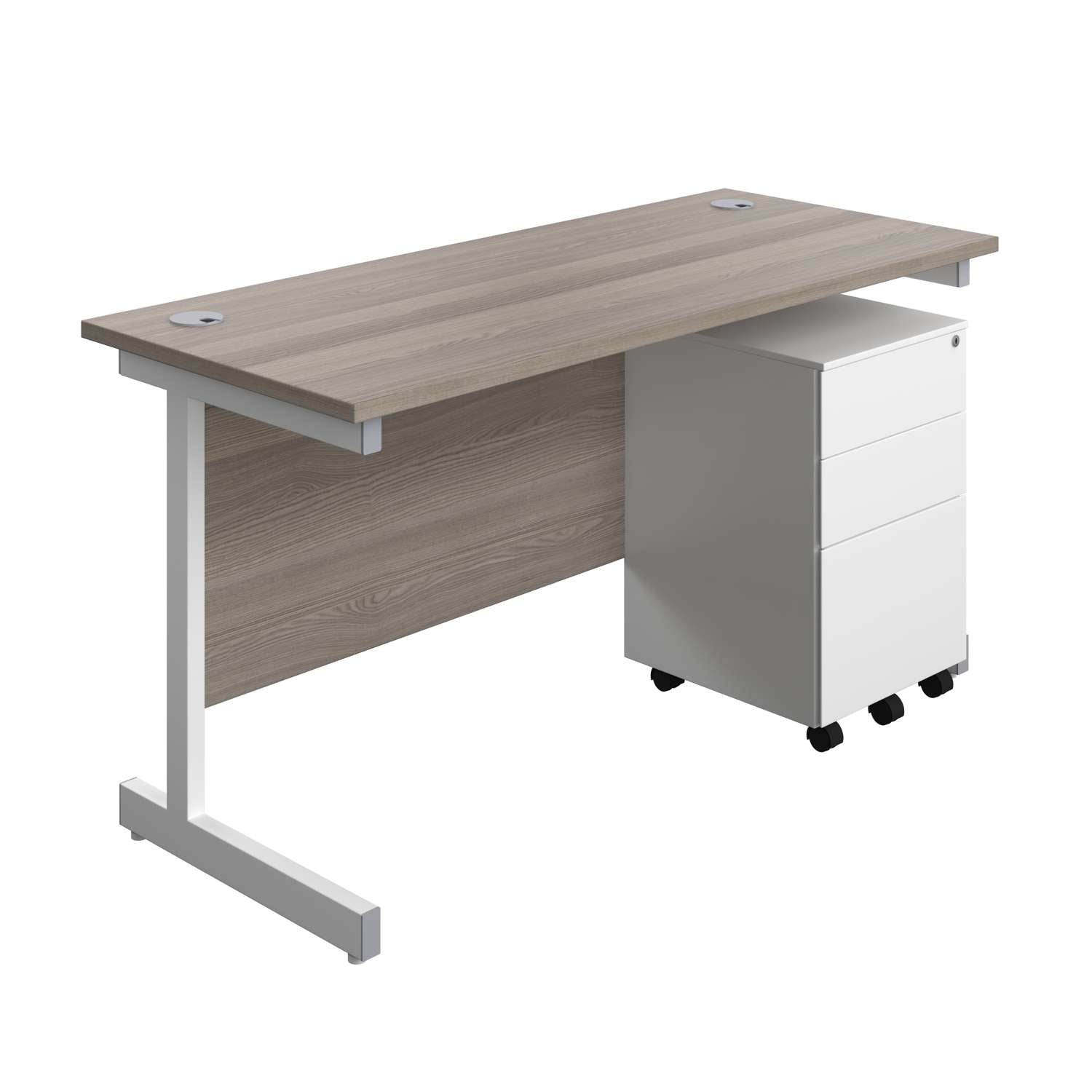 Single Upright Rectangular Desk + Under Desk Steel Pedestal 3 Drawers (FSC) | 1400 X 600 | Grey Oak/White