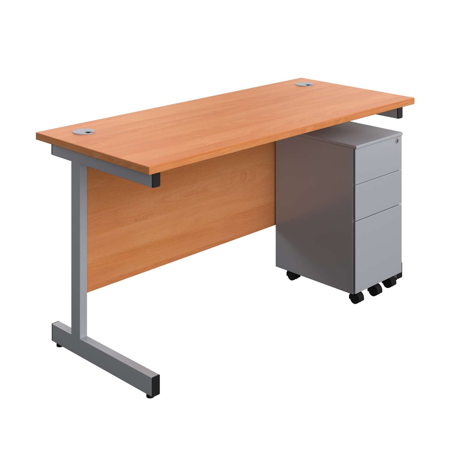 Single Upright Rectangular Desk + Slimline Steel Pedestal 3 Drawers (FSC) | 1400 X 600 | Beech/Silver