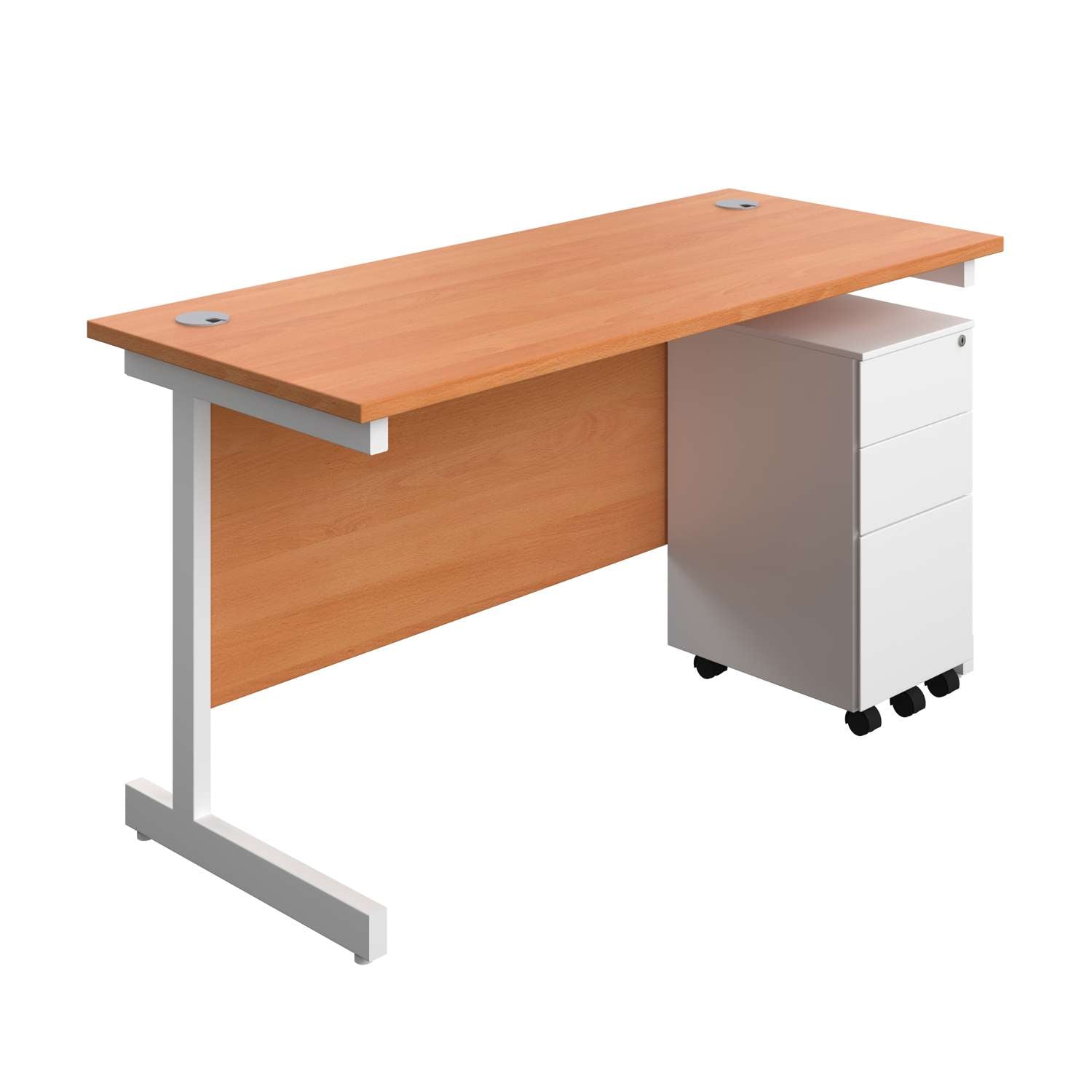 Single Upright Rectangular Desk + Slimline Steel Pedestal 3 Drawers (FSC) | 1400 X 600 | Beech/White