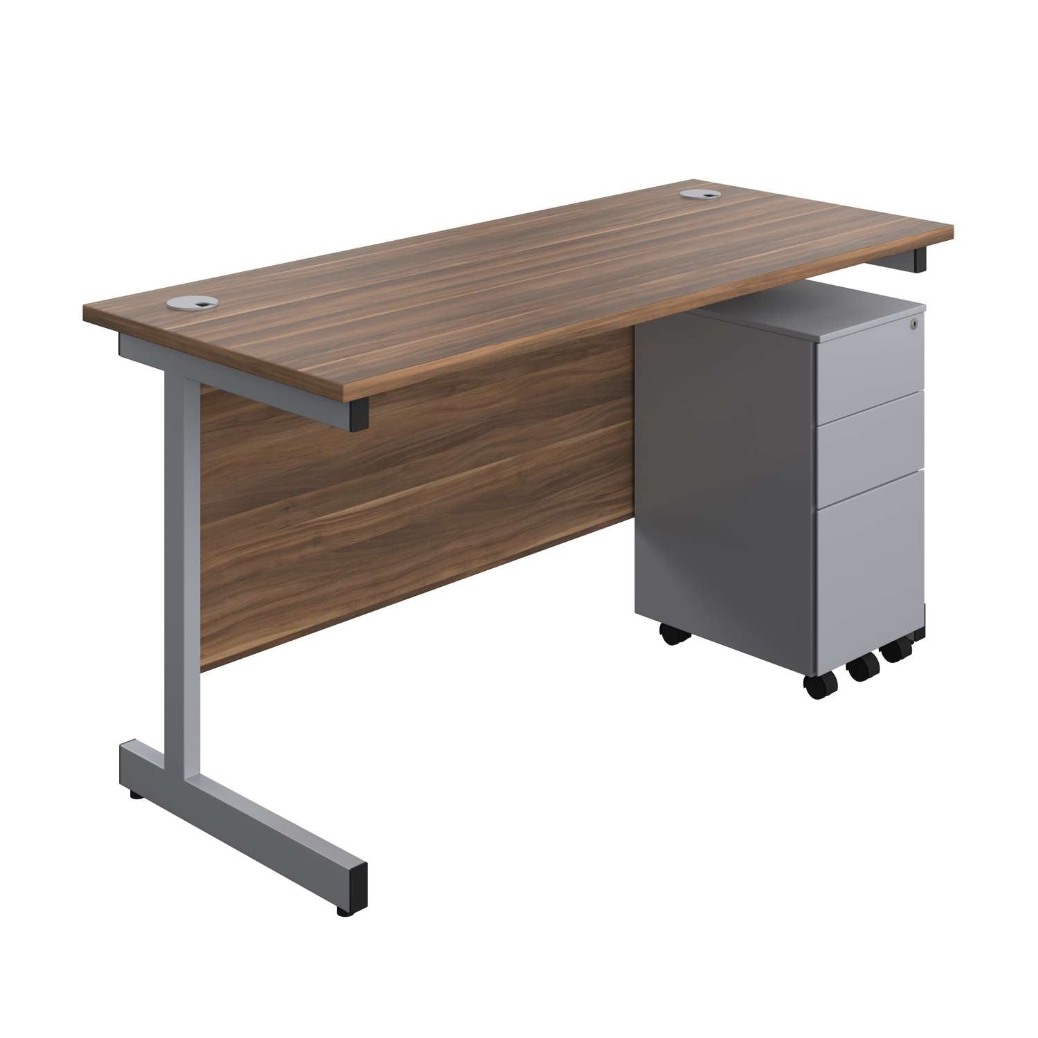 Single Upright Rectangular Desk + Slimline Steel Pedestal 3 Drawers (FSC) | 1400 X 600 | Dark Walnut/Silver