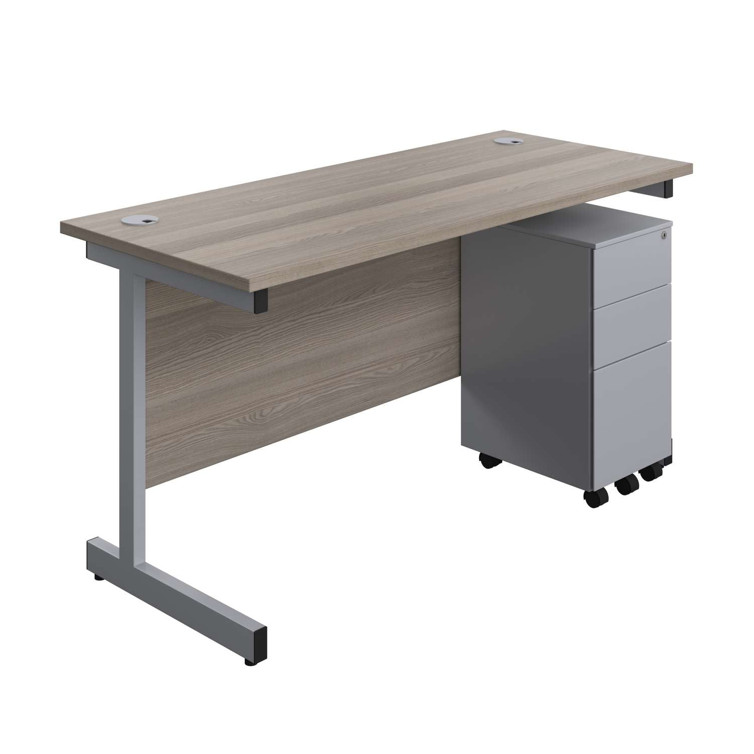 Single Upright Rectangular Desk + Slimline Steel Pedestal 3 Drawers (FSC) | 1400 X 600 | Grey Oak/Silver