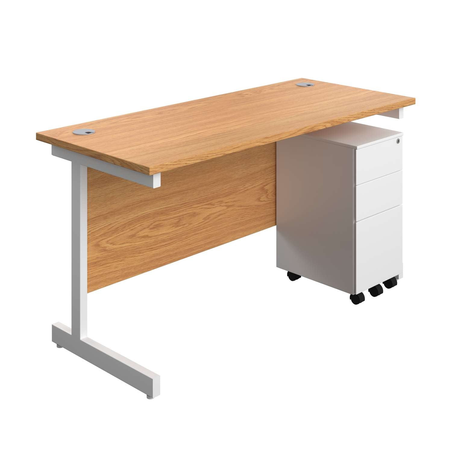 Single Upright Rectangular Desk + Slimline Steel Pedestal 3 Drawers (FSC) | 1400 X 600 | Nova Oak/White