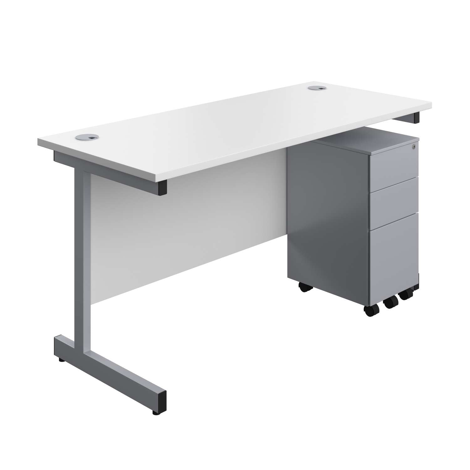 Single Upright Rectangular Desk + Slimline Steel Pedestal 3 Drawers (FSC) | 1400 X 600 | White/Silver