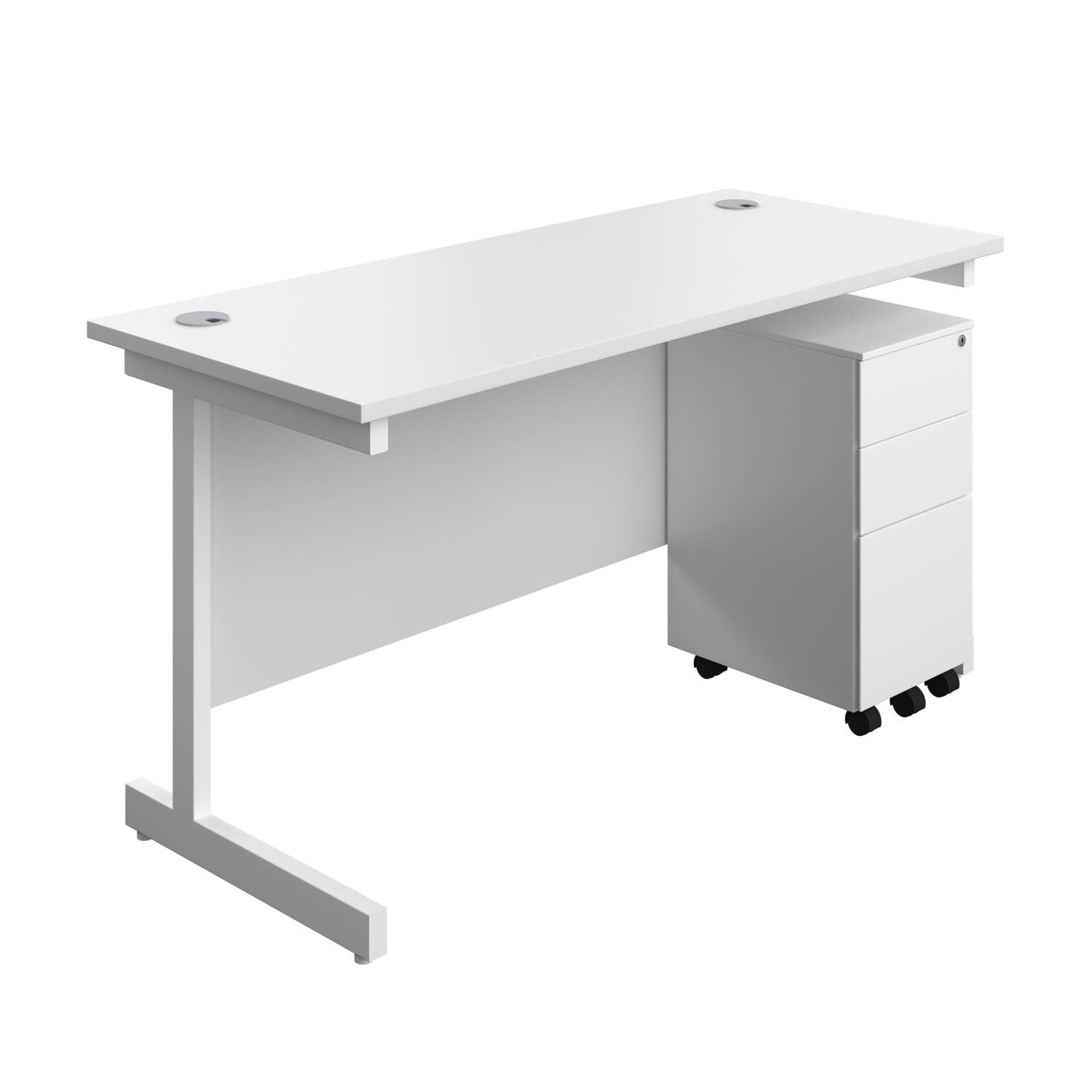 Single Upright Rectangular Desk + Slimline Steel Pedestal 3 Drawers (FSC) | 1400 X 600 | White/White