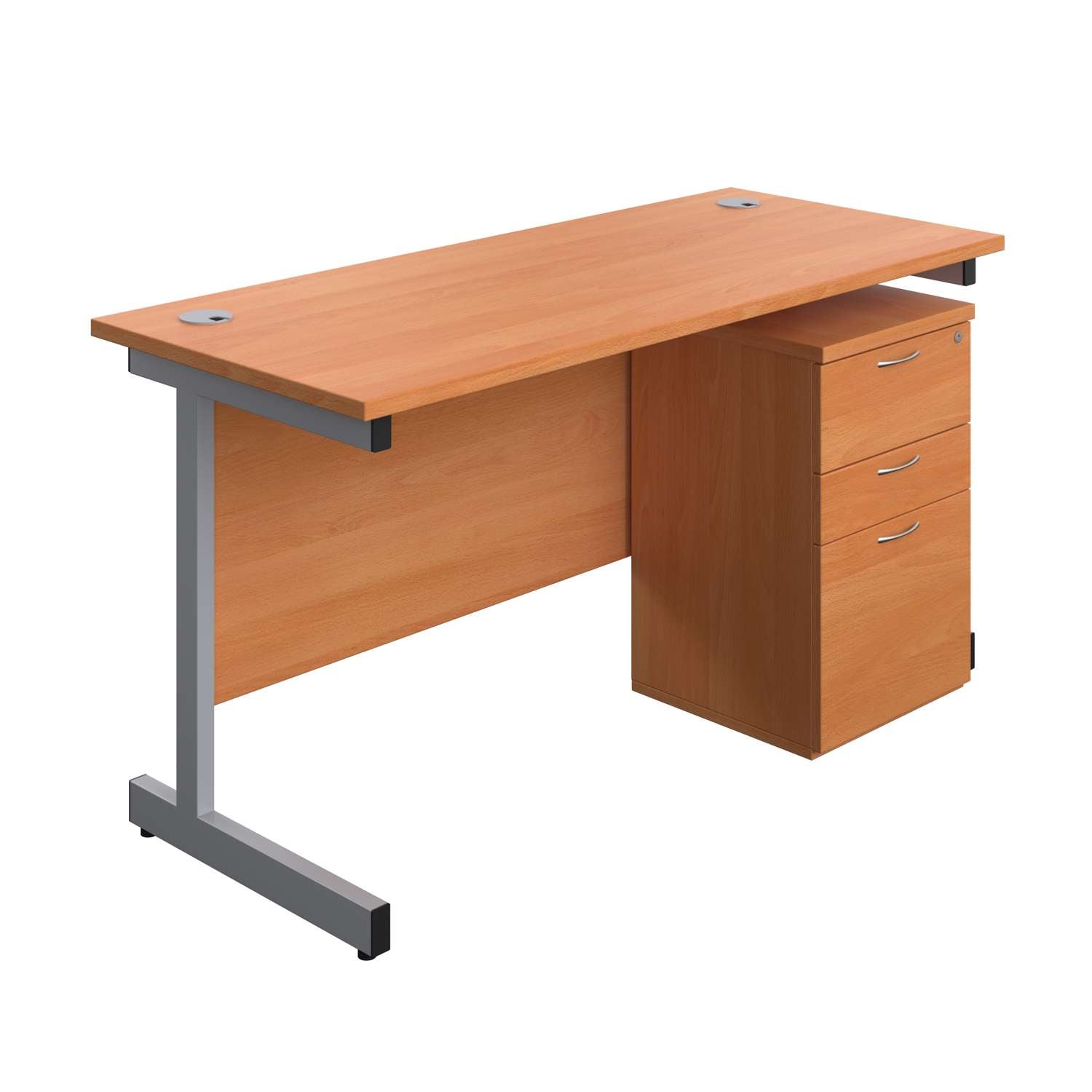 Single Upright Rectangular Desk + High Mobile Pedestal 3 Drawer (FSC) | 1400 X 600 | Beech/Silver