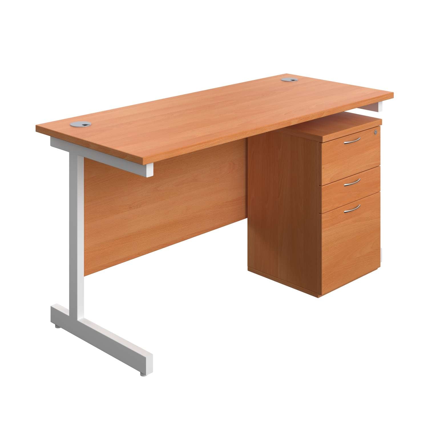 Single Upright Rectangular Desk + High Mobile Pedestal 3 Drawer (FSC) | 1400 X 600 | Beech/White