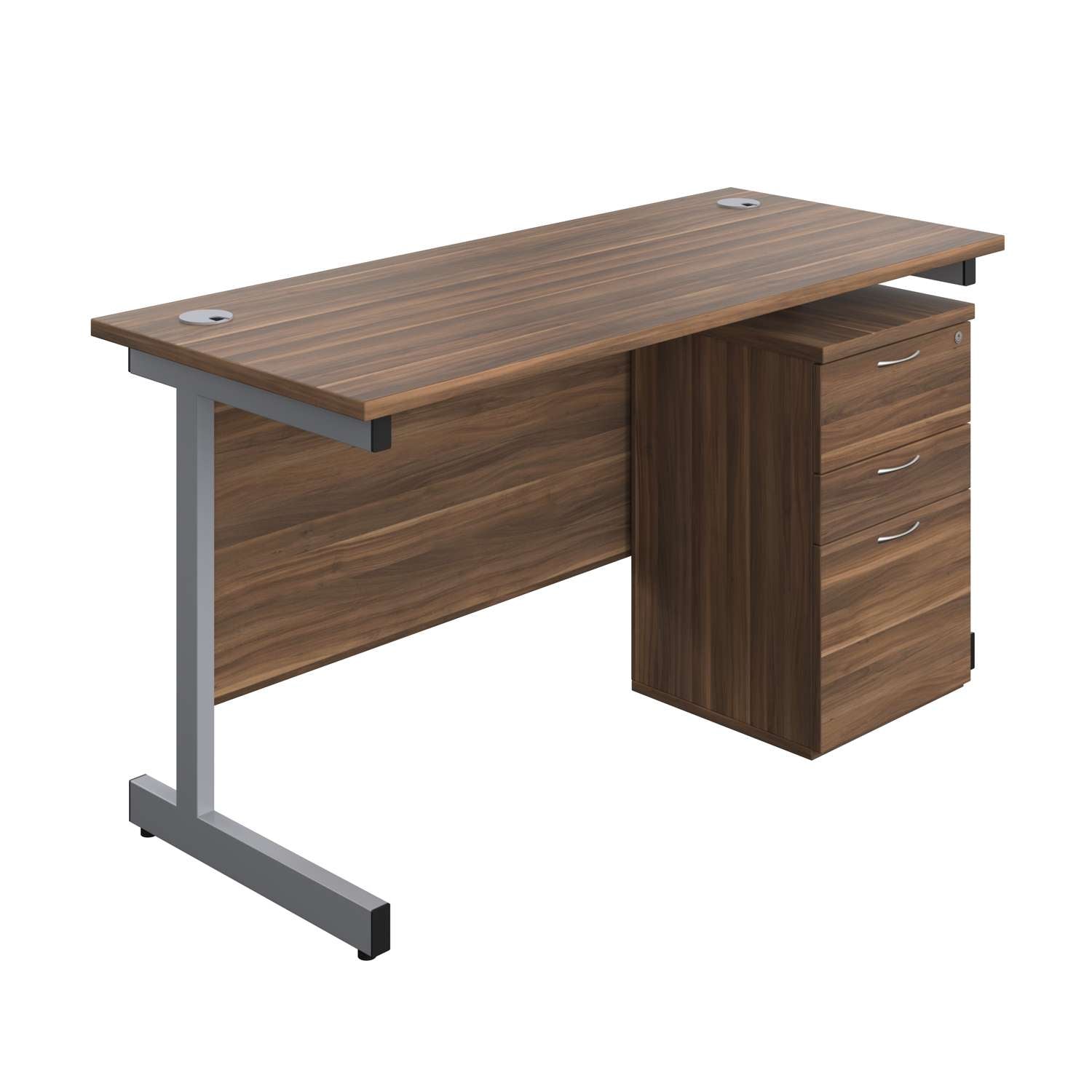 Single Upright Rectangular Desk + High Mobile Pedestal 3 Drawer (FSC) | 1400 X 600 | Dark Walnut/Silver