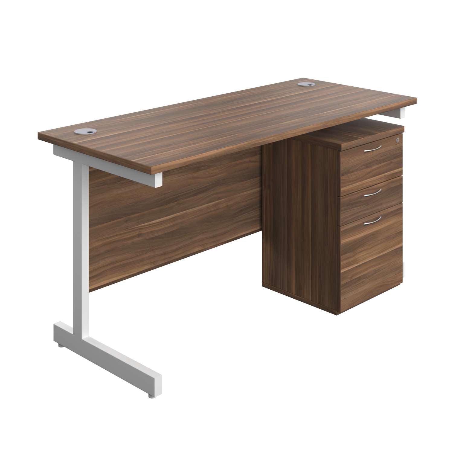 Single Upright Rectangular Desk + High Mobile Pedestal 3 Drawer (FSC) | 1400 X 600 | Dark Walnut/White