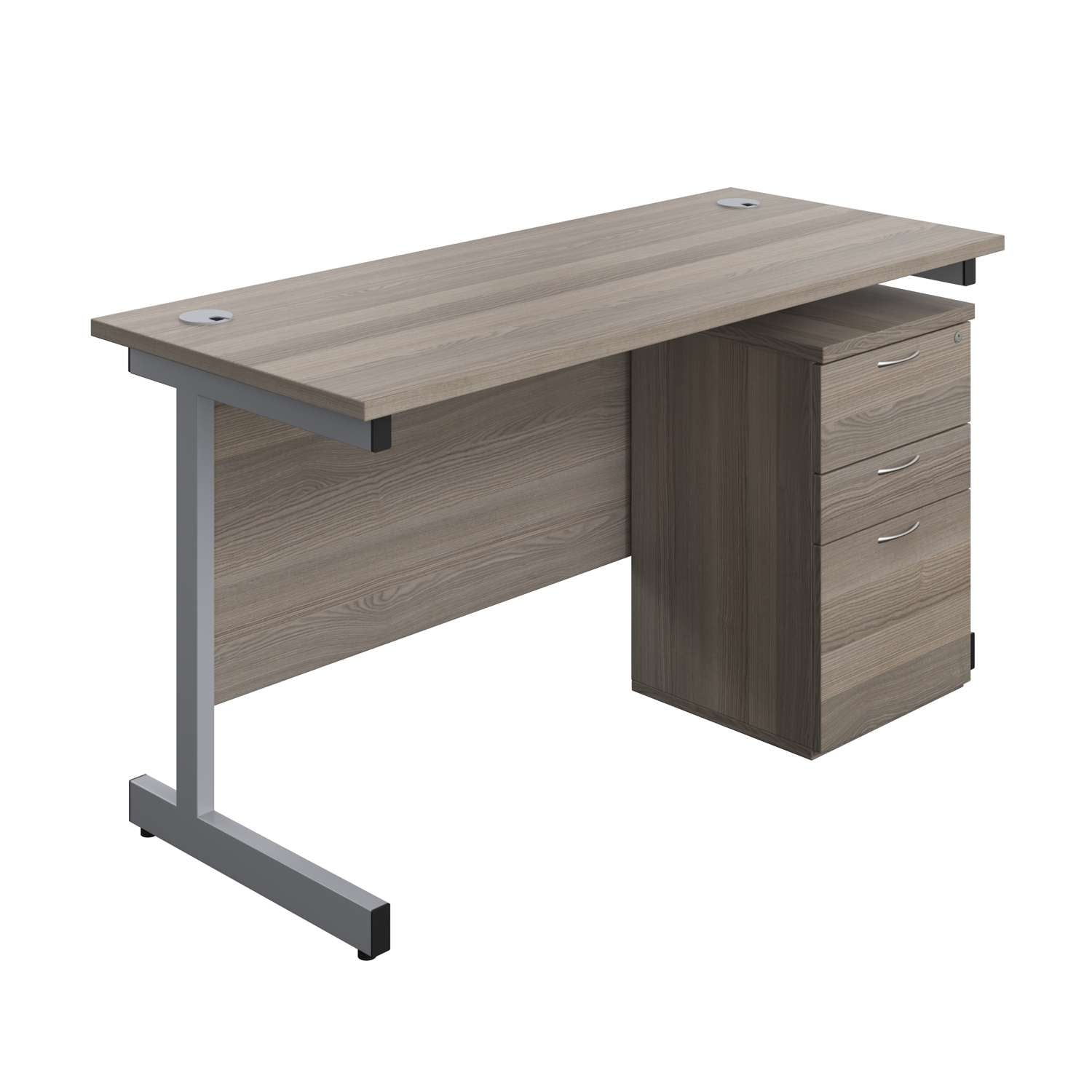 Single Upright Rectangular Desk + High Mobile Pedestal 3 Drawer (FSC) | 1400 X 600 | Grey Oak/Silver