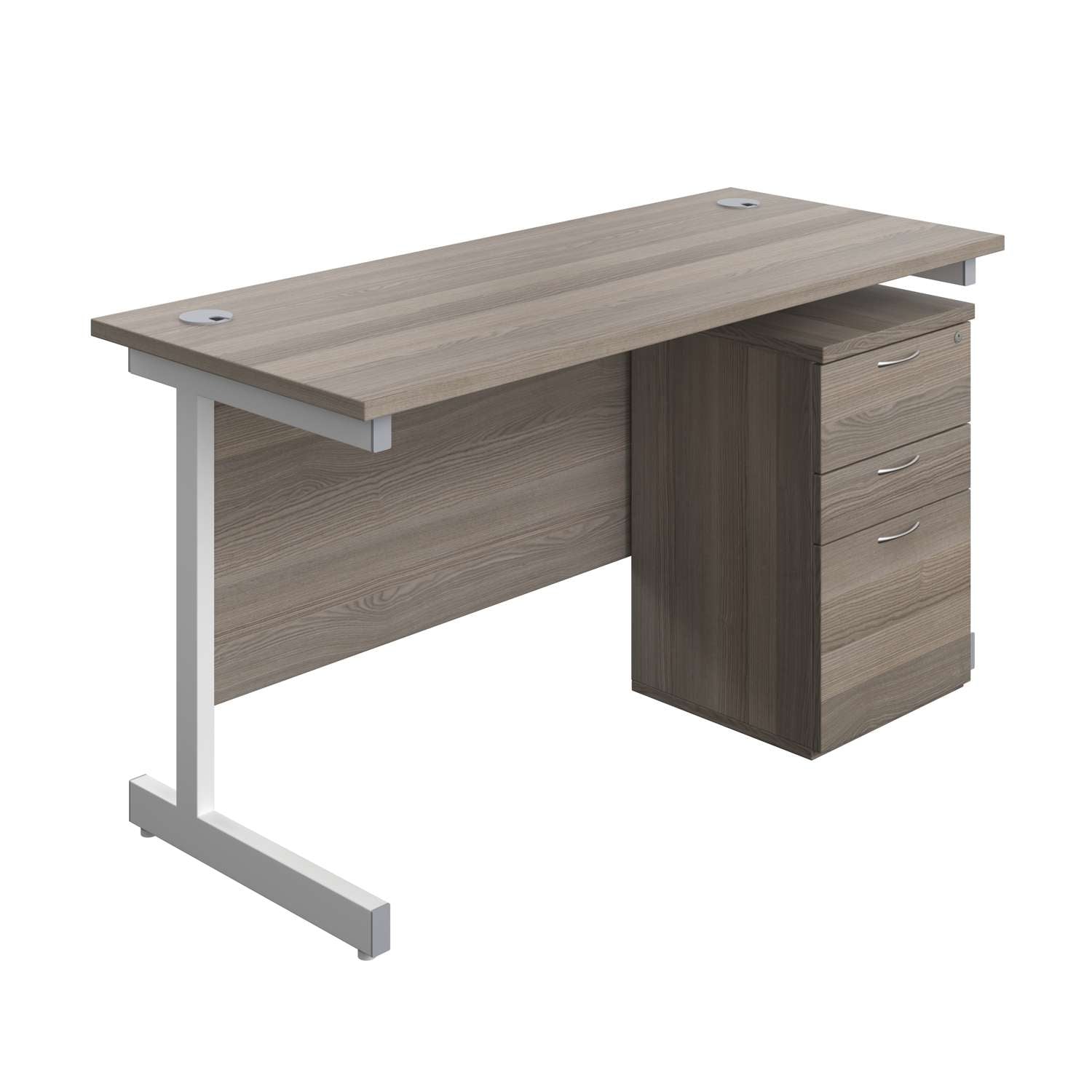 Single Upright Rectangular Desk + High Mobile Pedestal 3 Drawer (FSC) | 1400 X 600 | Grey Oak/White