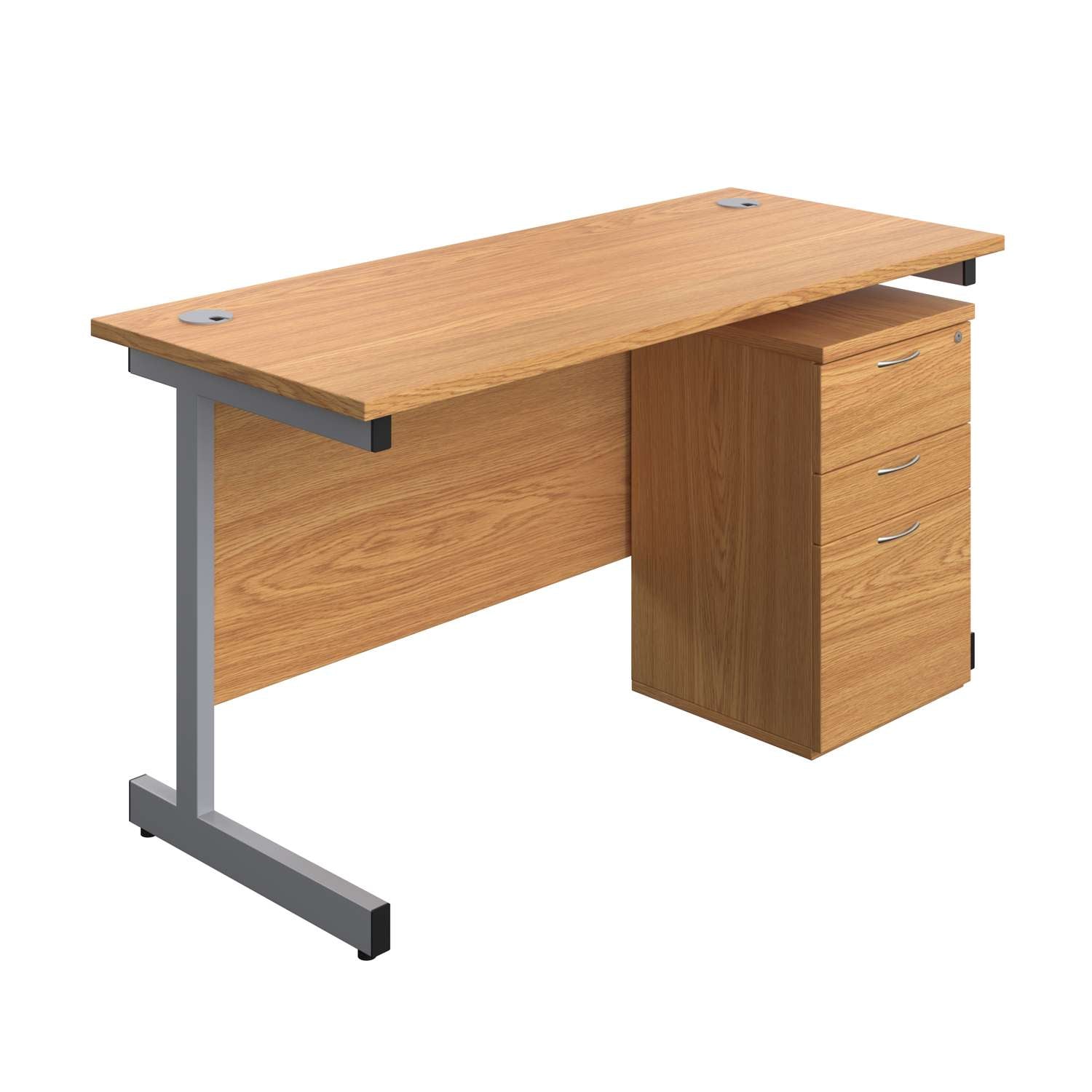 Single Upright Rectangular Desk + High Mobile Pedestal 3 Drawer (FSC) | 1400 X 600 | Nova Oak/Silver