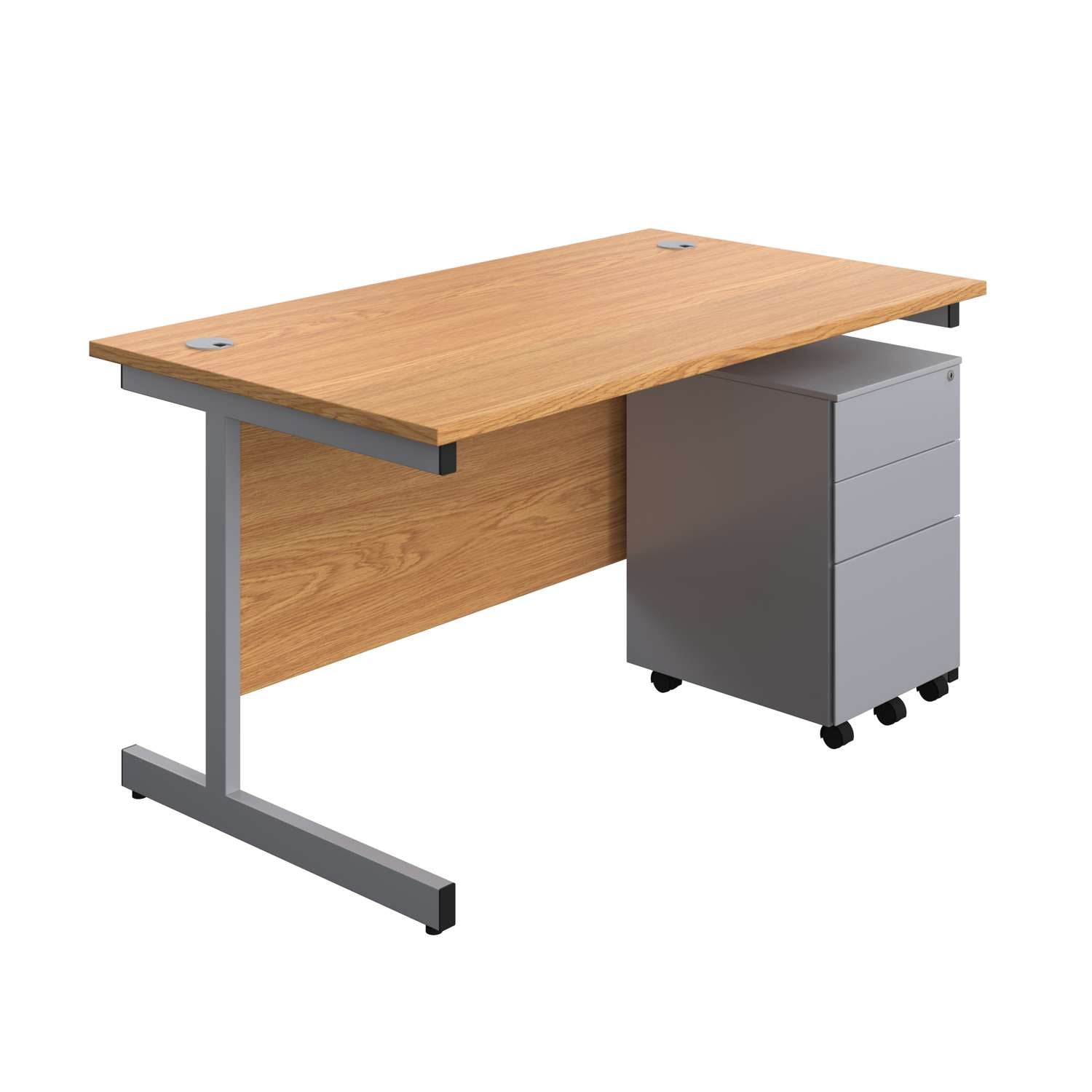 Single Upright Rectangular Desk + Under Desk Steel Pedestal 3 Drawers (FSC) | 1400 X 800 | Nova Oak/Silver