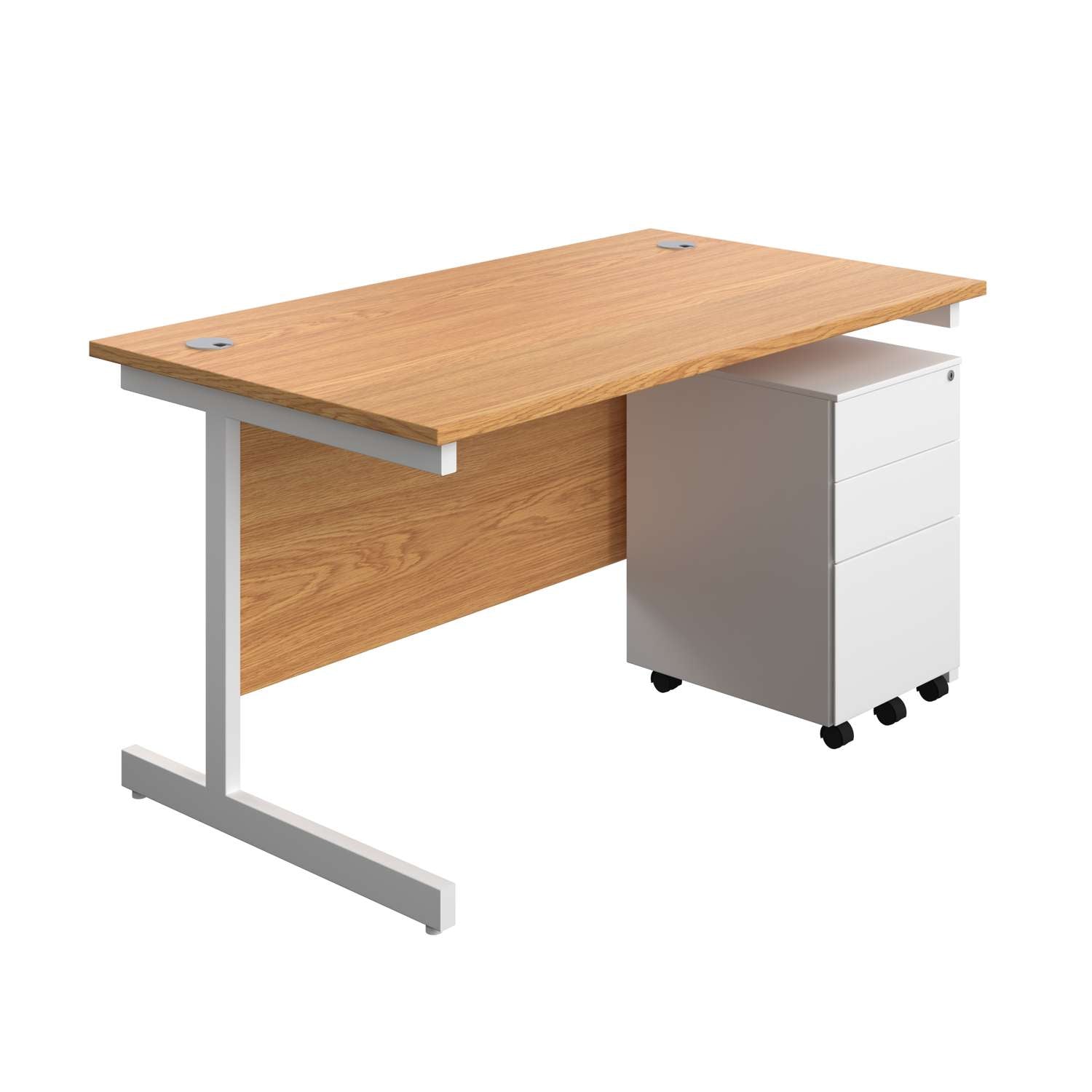 Single Upright Rectangular Desk + Under Desk Steel Pedestal 3 Drawers (FSC) | 1400 X 800 | Nova Oak/White