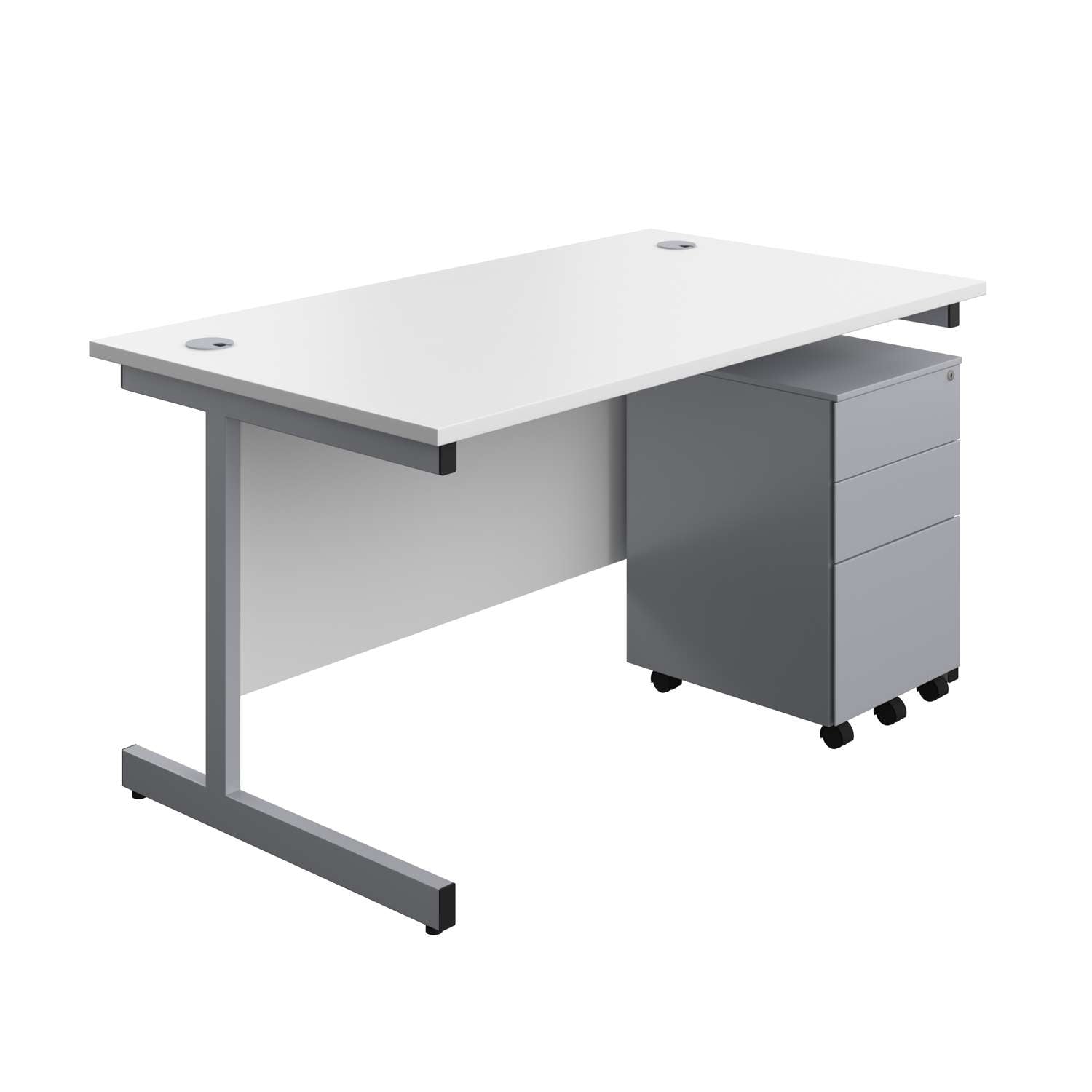 Single Upright Rectangular Desk + Under Desk Steel Pedestal 3 Drawers (FSC) | 1400 X 800 | White/Silver