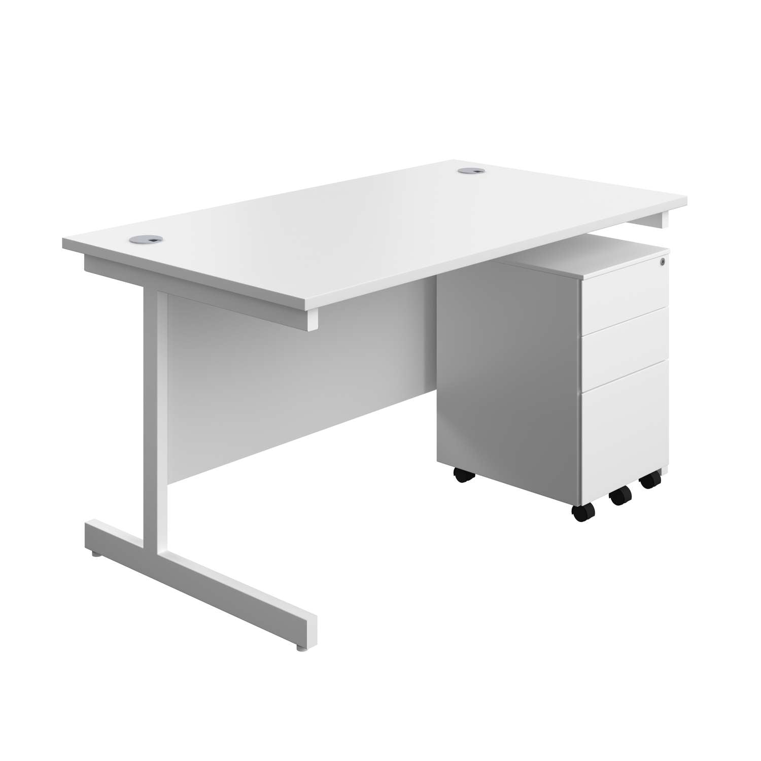 Single Upright Rectangular Desk + Under Desk Steel Pedestal 3 Drawers (FSC) | 1400 X 800 | White/White