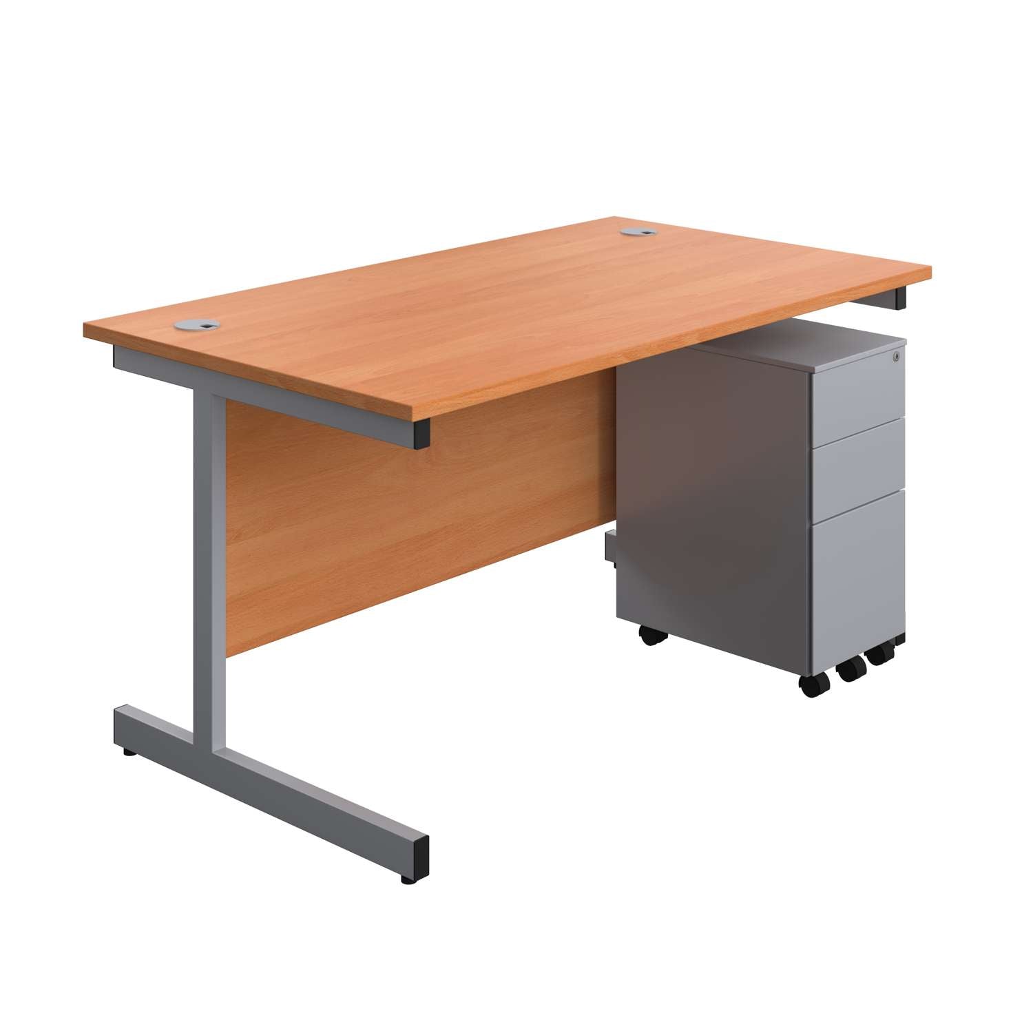 Single Upright Rectangular Desk + Slimline Steel Pedestal 3 Drawers (FSC) | 1400 X 800 | Beech/Silver