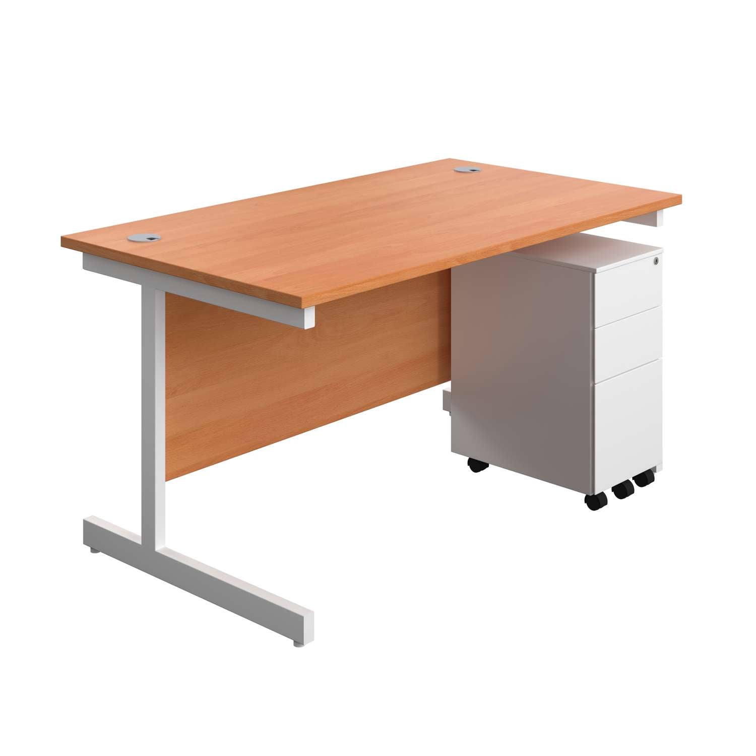 Single Upright Rectangular Desk + Slimline Steel Pedestal 3 Drawers (FSC) | 1400 X 800 | Beech/White