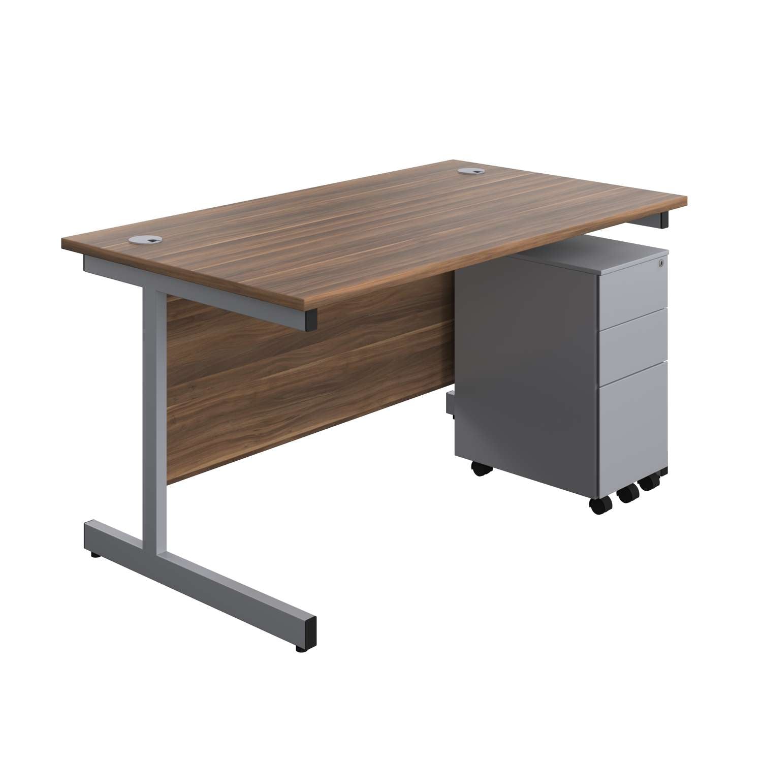 Single Upright Rectangular Desk + Slimline Steel Pedestal 3 Drawers (FSC) | 1400 X 800 | Dark Walnut/Silver