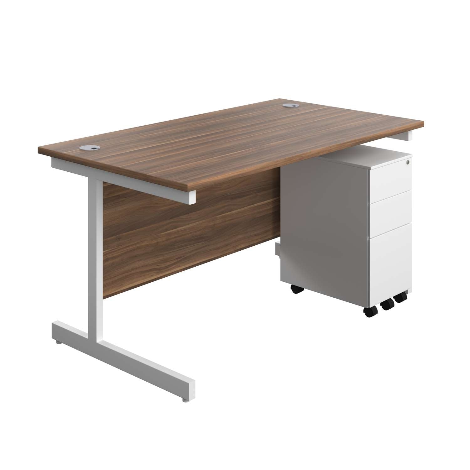 Single Upright Rectangular Desk + Slimline Steel Pedestal 3 Drawers (FSC) | 1400 X 800 | Dark Walnut/White
