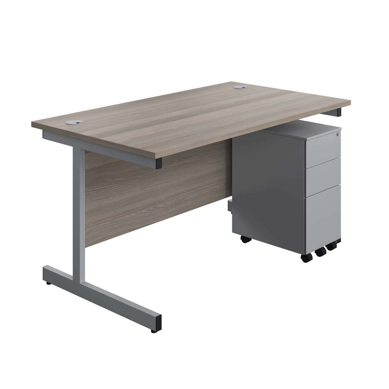 Single Upright Rectangular Desk + Slimline Steel Pedestal 3 Drawers (FSC) | 1400 X 800 | Grey Oak/Silver