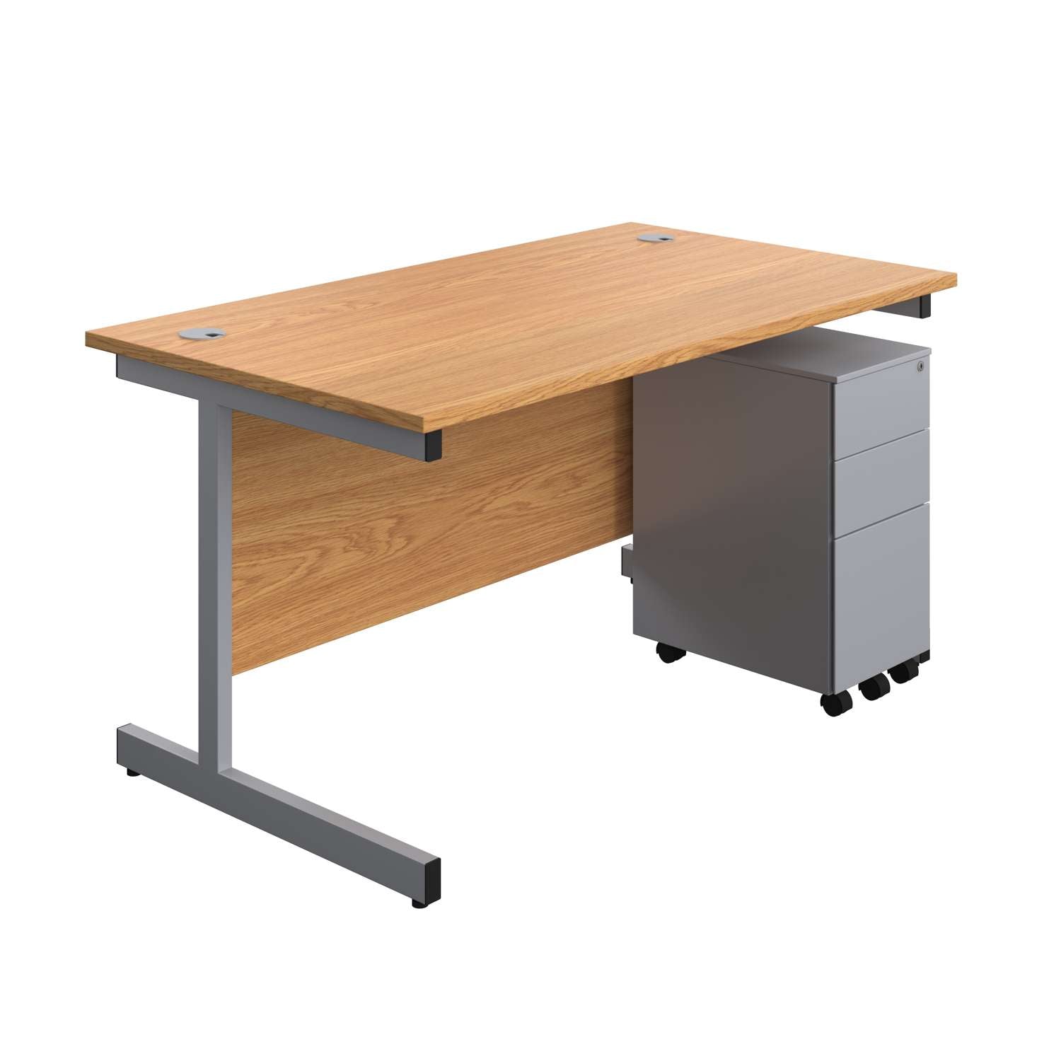 Single Upright Rectangular Desk + Slimline Steel Pedestal 3 Drawers (FSC) | 1400 X 800 | Nova Oak/Silver