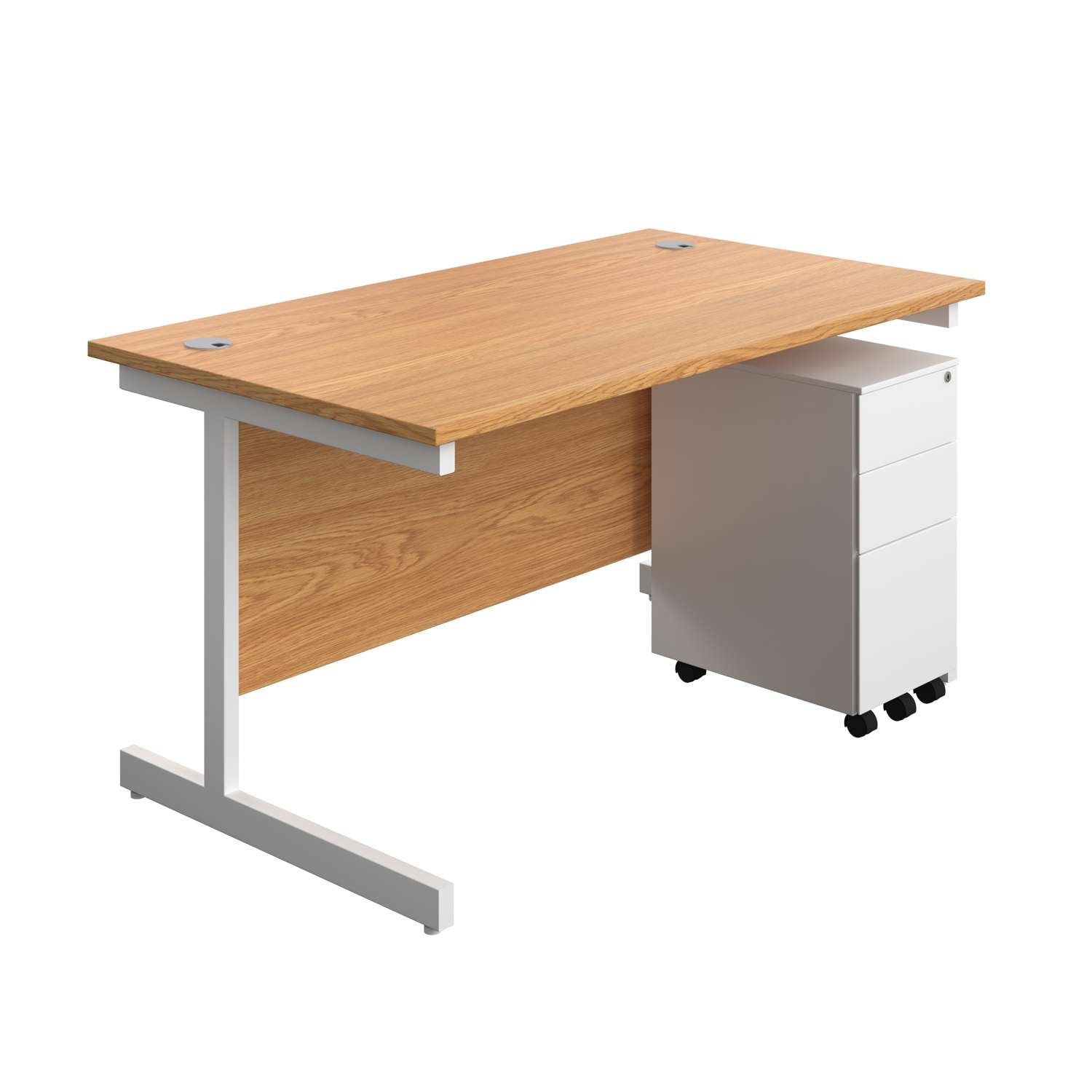 Single Upright Rectangular Desk + Slimline Steel Pedestal 3 Drawers (FSC) | 1400 X 800 | Nova Oak/White