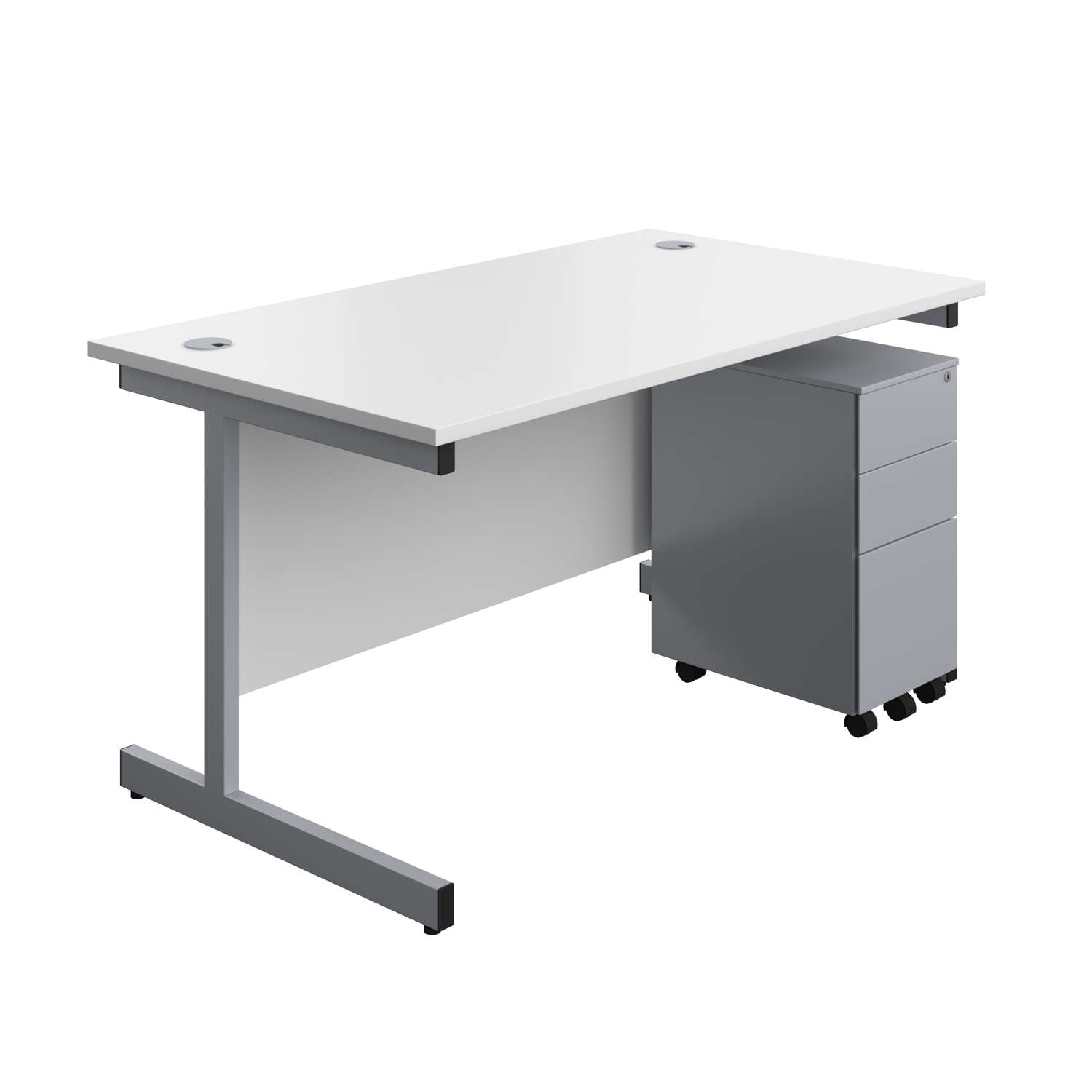 Single Upright Rectangular Desk + Slimline Steel Pedestal 3 Drawers (FSC) | 1400 X 800 | White/Silver