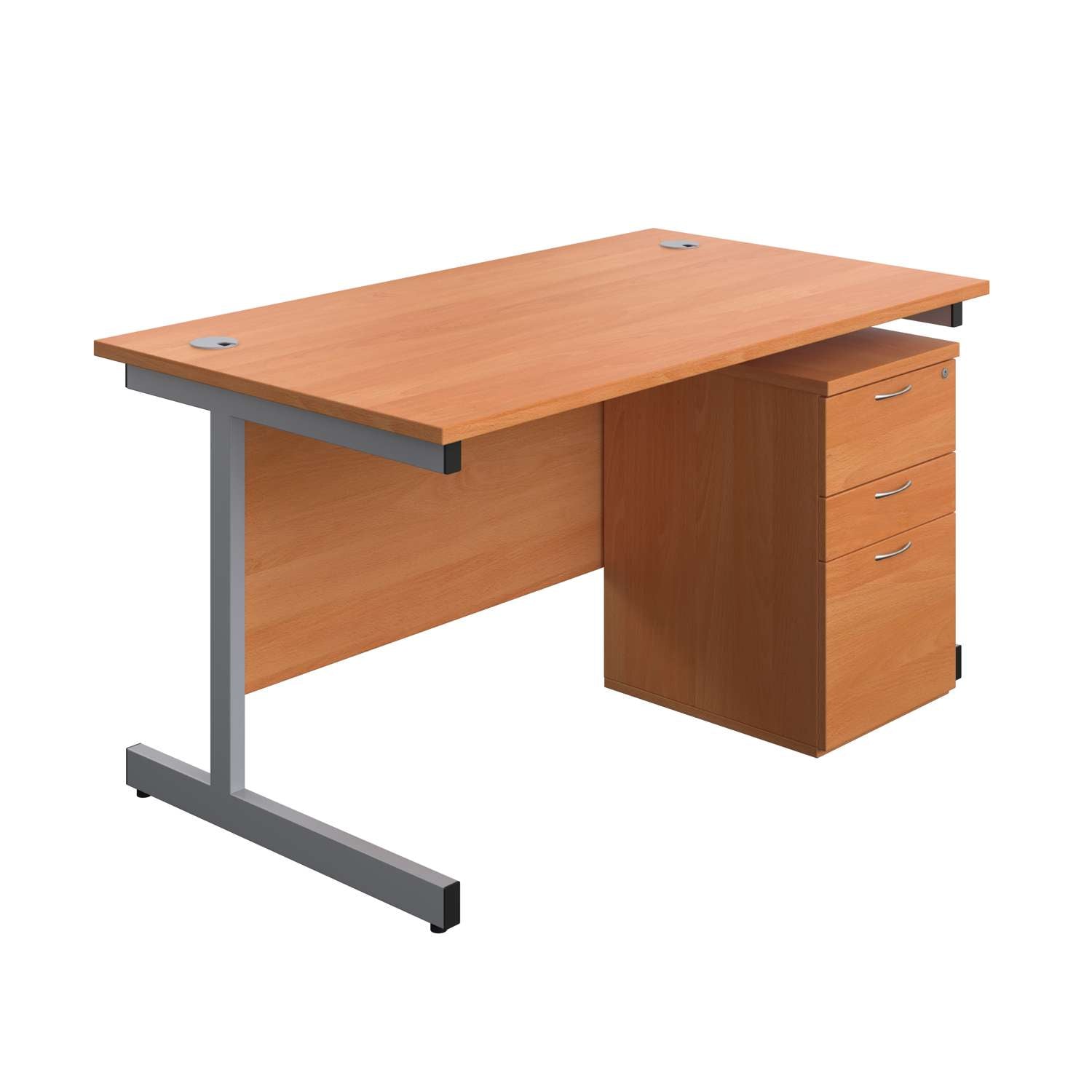 Single Upright Rectangular Desk + High Mobile Pedestal 3 Drawer (FSC) | 1400 X 800 | Beech/Silver