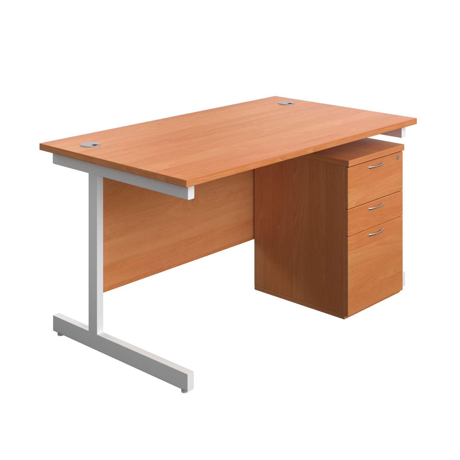 Single Upright Rectangular Desk + High Mobile Pedestal 3 Drawer (FSC) | 1400 X 800 | Beech/White