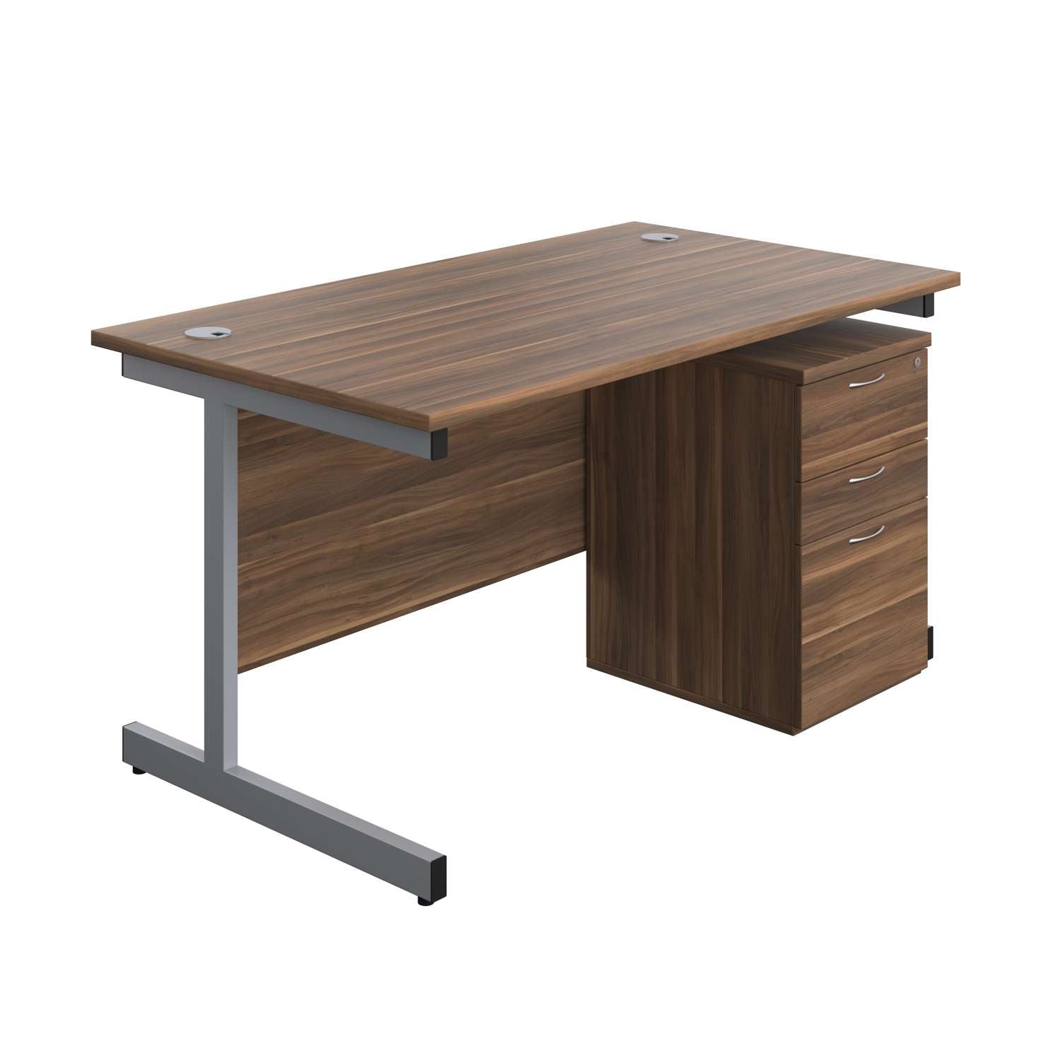 Single Upright Rectangular Desk + High Mobile Pedestal 3 Drawer (FSC) | 1400 X 800 | Dark Walnut/Silver