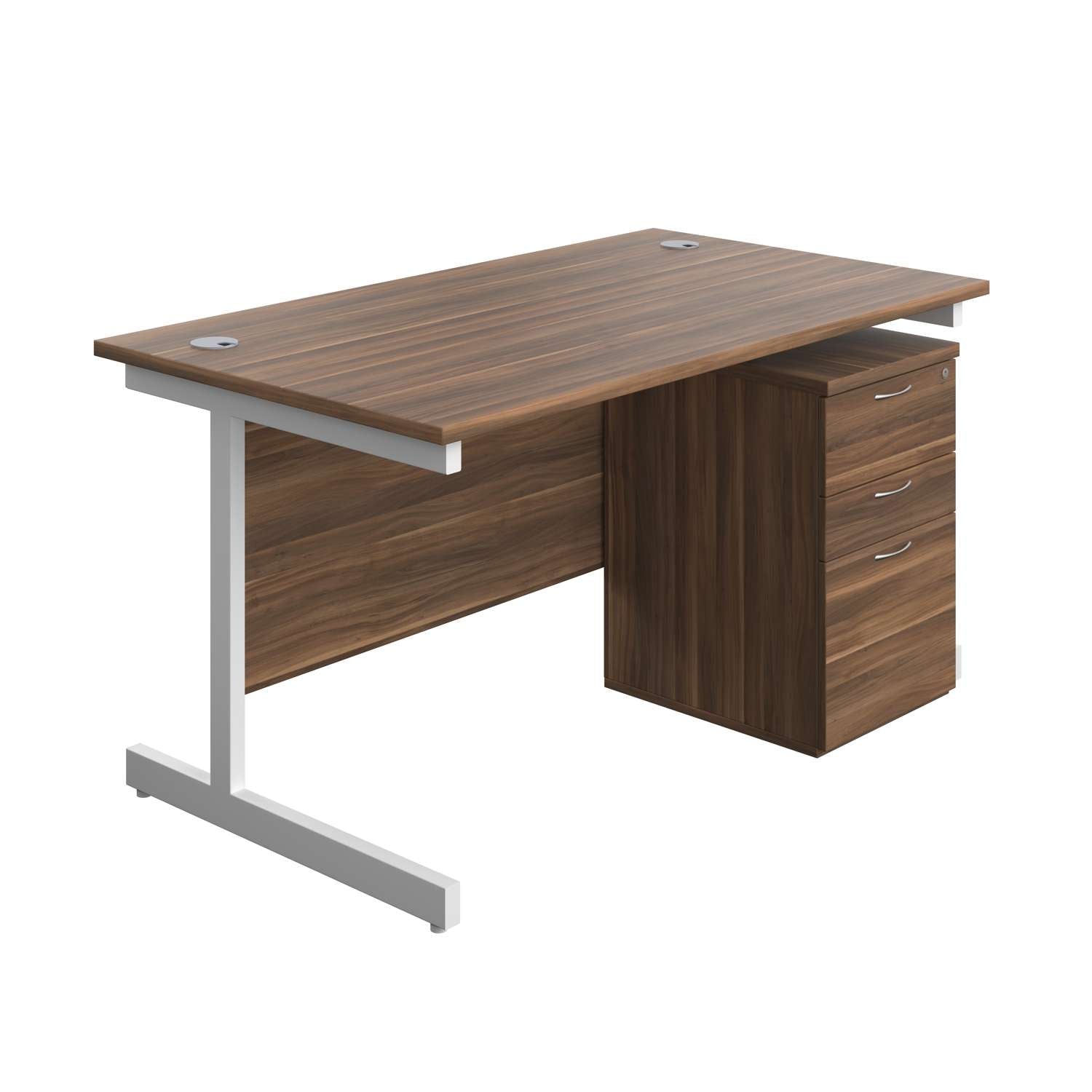 Single Upright Rectangular Desk + High Mobile Pedestal 3 Drawer (FSC) | 1400 X 800 | Dark Walnut/White