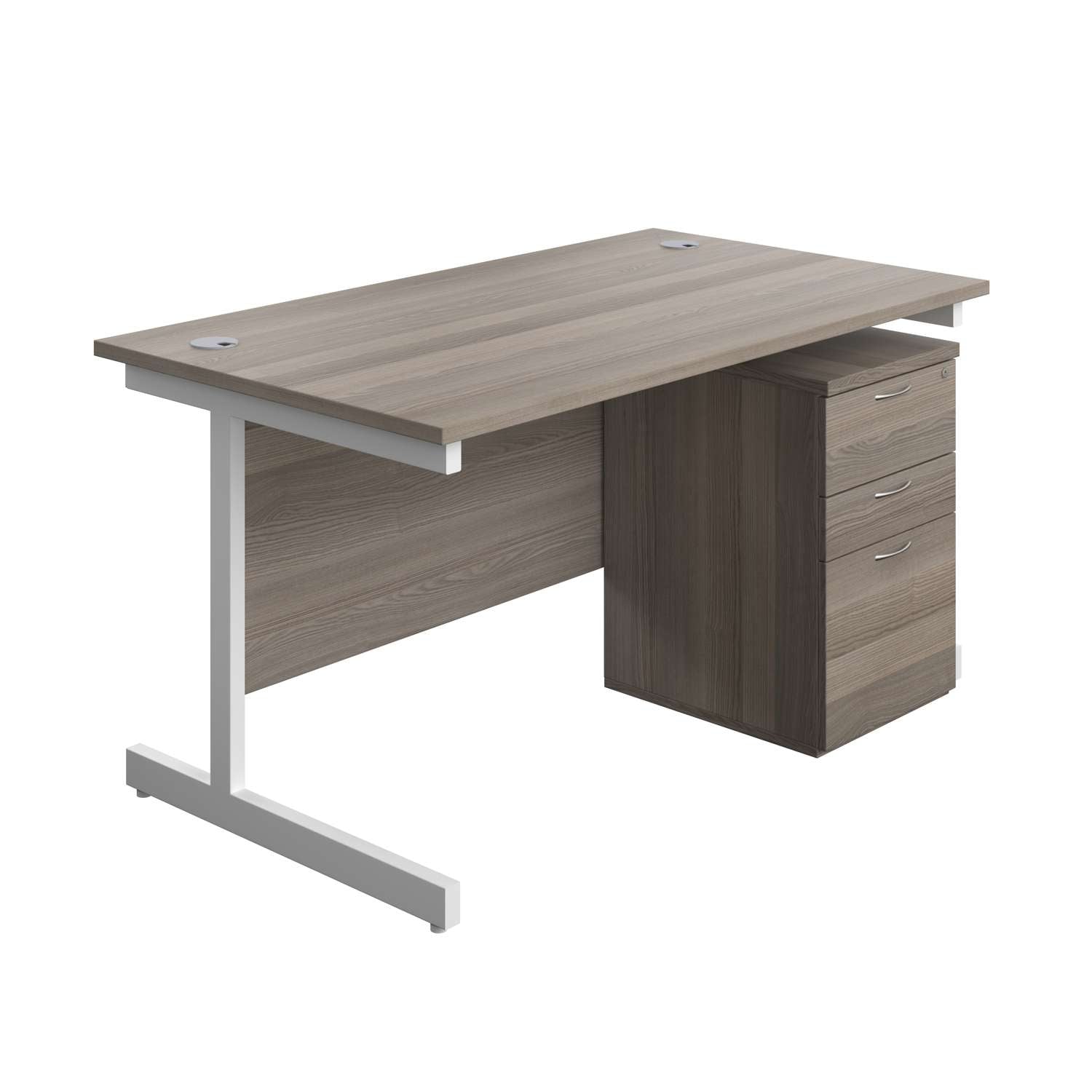 Single Upright Rectangular Desk + High Mobile Pedestal 3 Drawer (FSC) | 1400 X 800 | Grey Oak/White