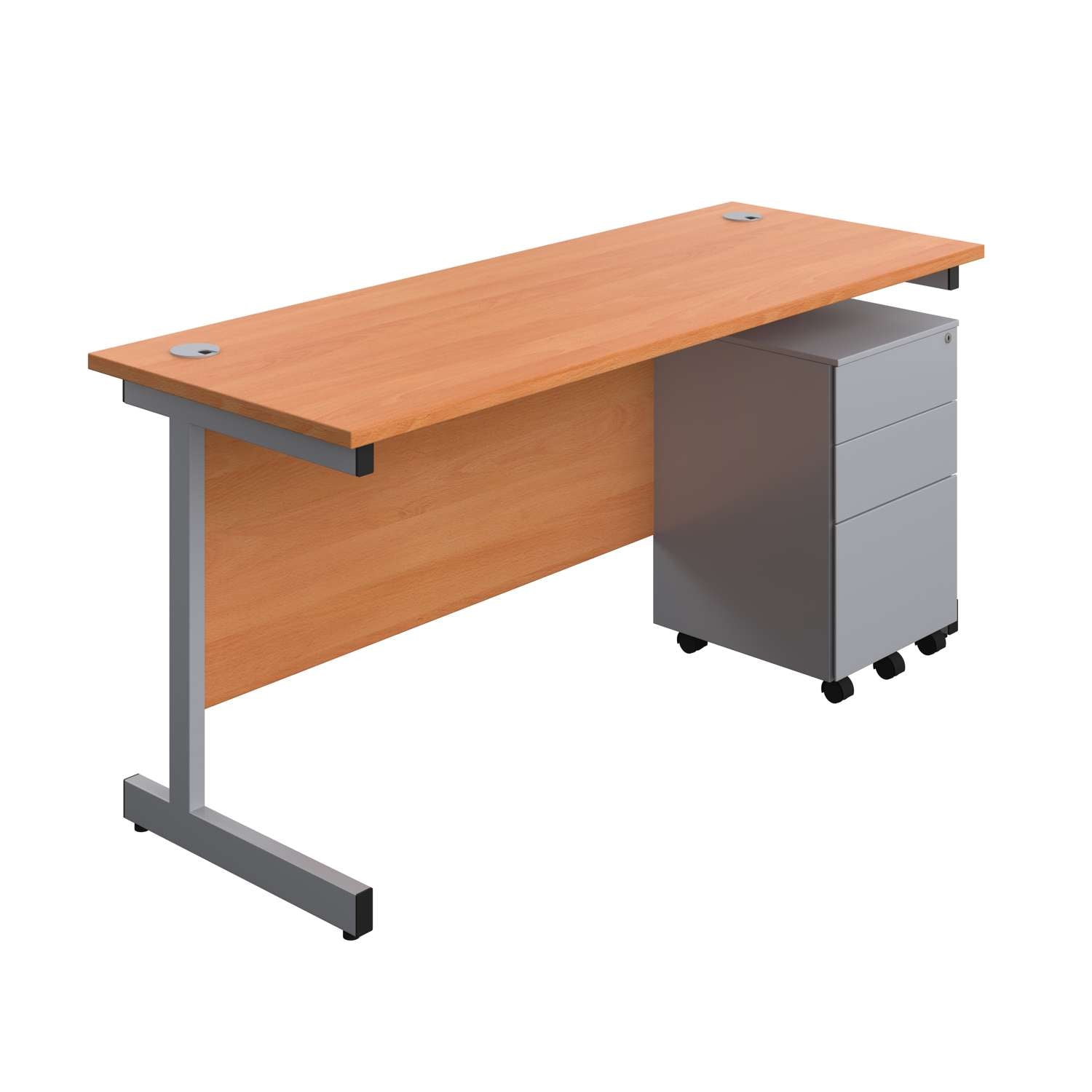 Single Upright Rectangular Desk + Under Desk Steel Pedestal 3 Drawers (FSC) | 1600 X 600 | Beech/Silver